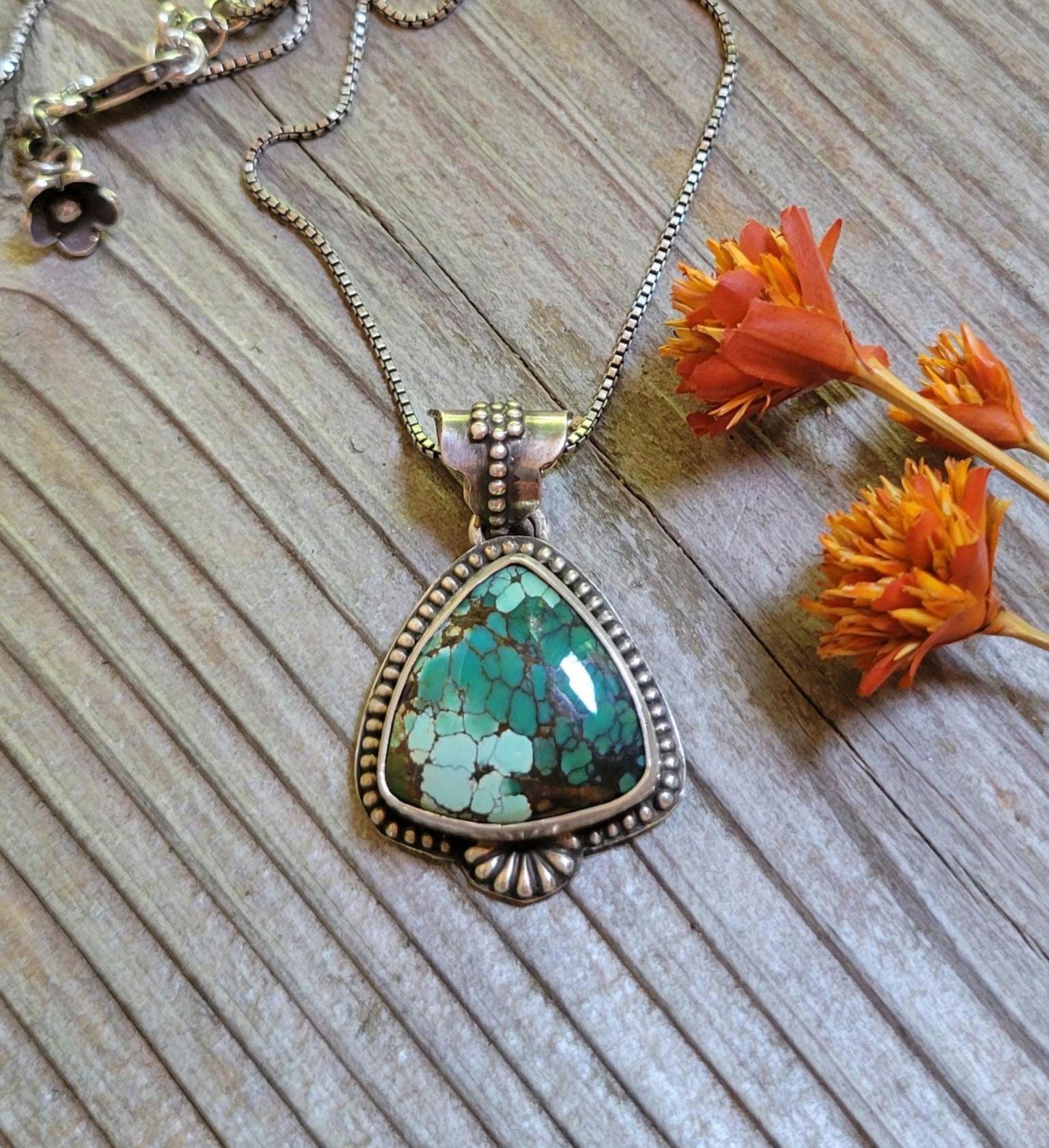 Green Turquoise Pendant in Sterling Silver Necklace - handmade, Polychrome Trillion Qingu, natural stone, flower, dainty, beautiful gift