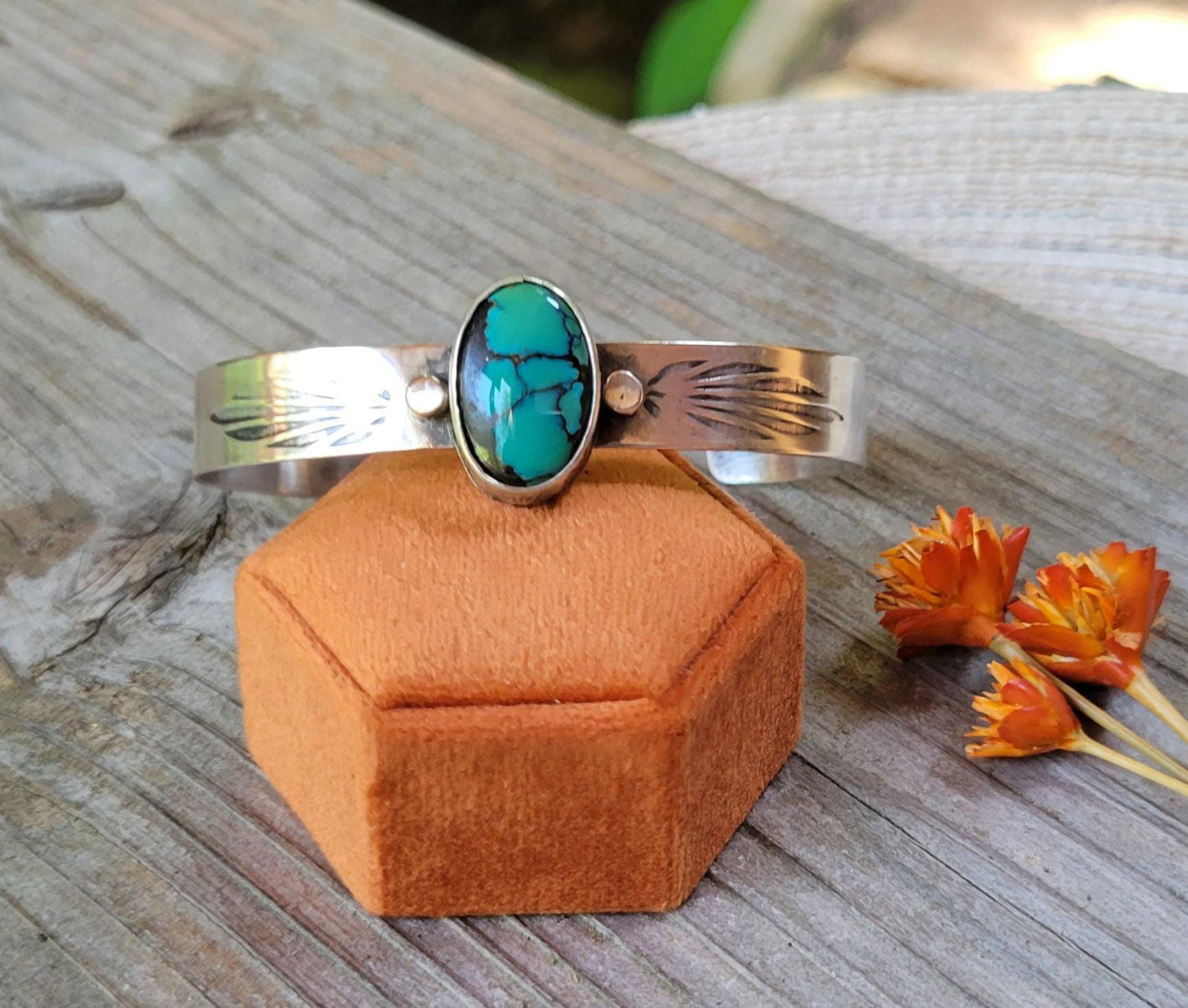 Green Hubei Turquoise Sterling Silver Cuff - handcrafted, handmade, green Hubei Turquoise, ethically sourced, stamped cuff, beautiful gift