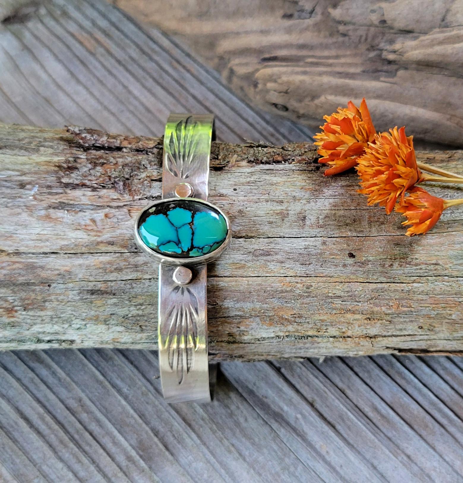 Green Hubei Turquoise Sterling Silver Cuff - handcrafted, handmade, green Hubei Turquoise, ethically sourced, stamped cuff, beautiful gift
