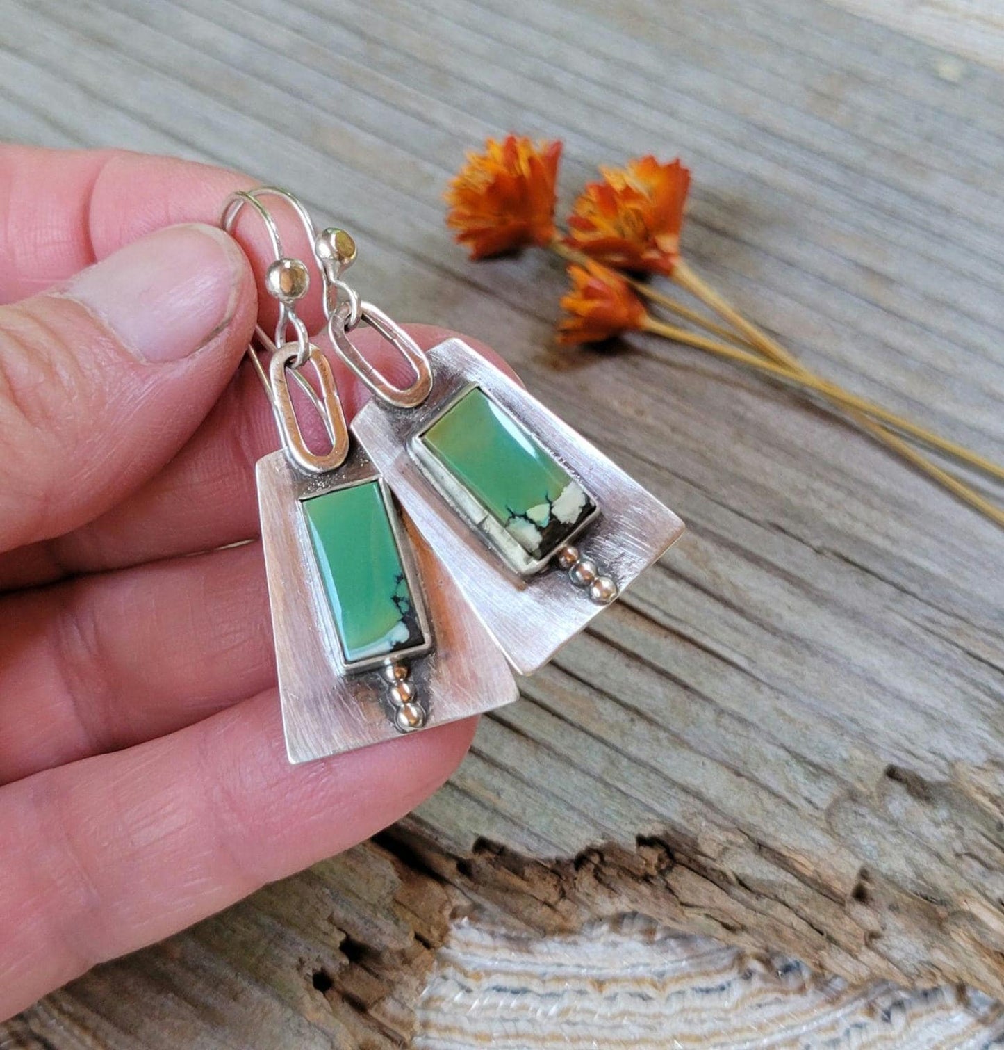 Silver Ridgeline Dangle Earrings - handmade, hand crafted, modern, edgy, dotted,green hubei snowflake turquoise, lightweight, beautiful gift
