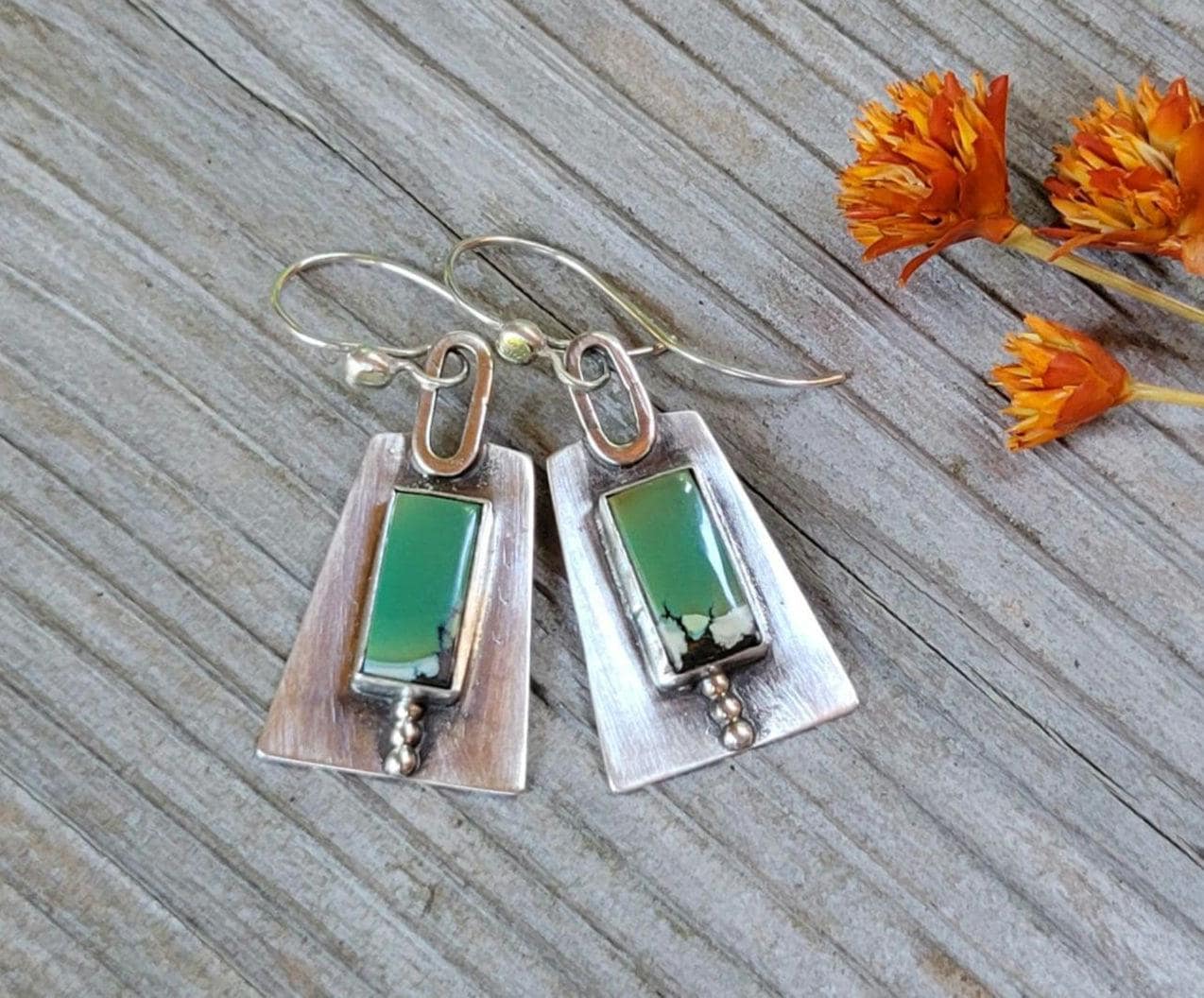 Silver Ridgeline Dangle Earrings - handmade, hand crafted, modern, edgy, dotted,green hubei snowflake turquoise, lightweight, beautiful gift