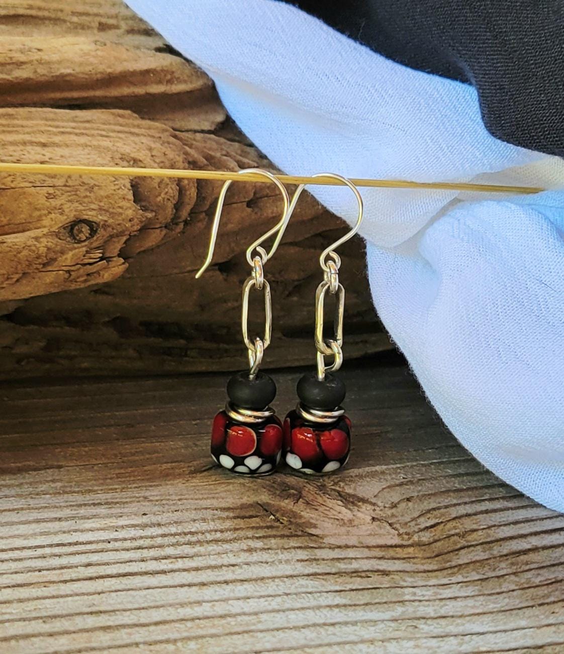 Lady Bug Artisan Glass earrings - handmade glass beads, handformed sterling silver, red, black, white dangle, beautiful gift