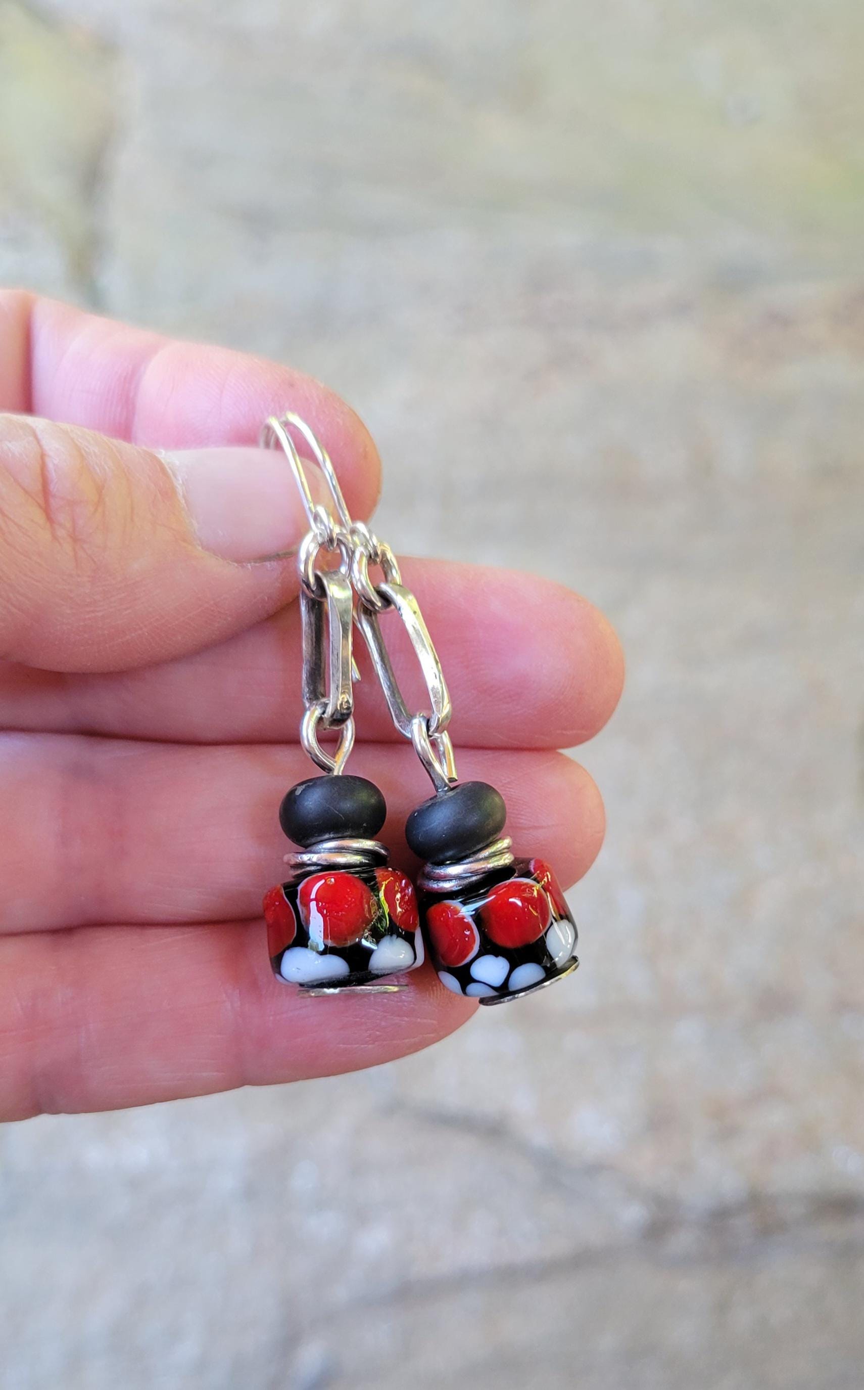 Lady Bug Artisan Glass earrings - handmade glass beads, handformed sterling silver, red, black, white dangle, beautiful gift