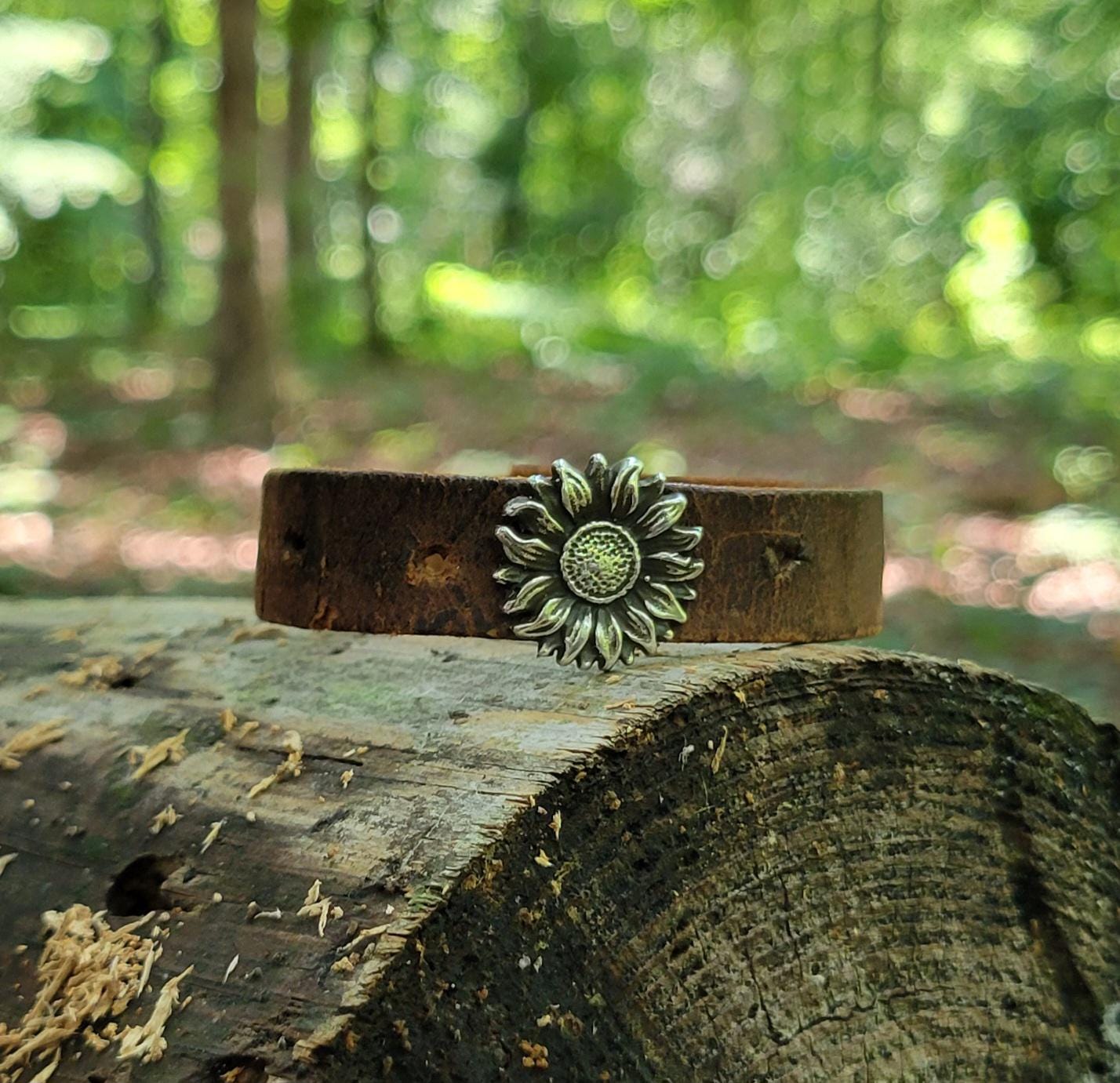 Sterling Silver Sunflower Leather Bracelet - handmade, hand crafted, weathered brown leather, simple, durable, rugged, beautiful gift