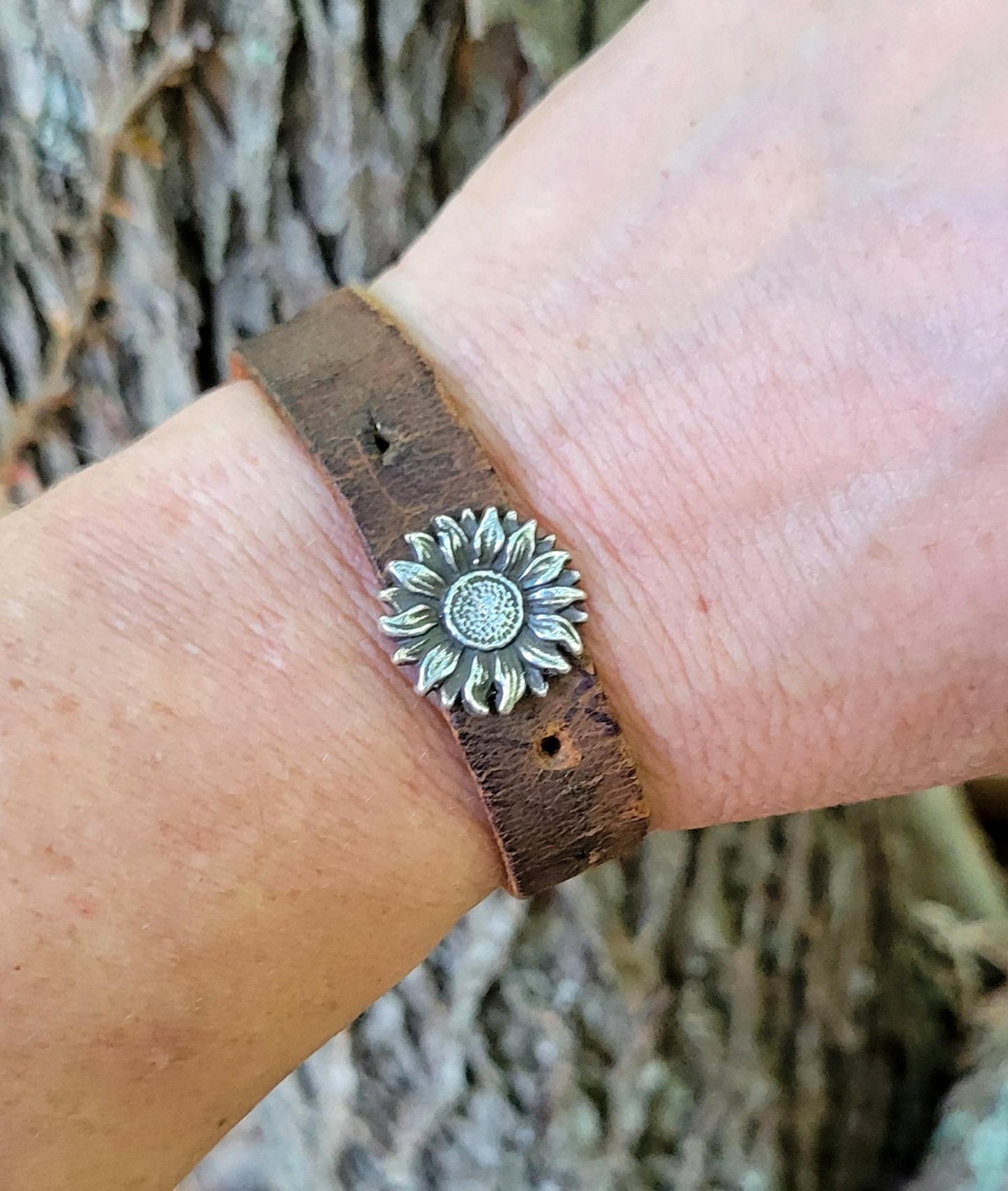 Sterling Silver Sunflower Leather Bracelet - handmade, hand crafted, weathered brown leather, simple, durable, rugged, beautiful gift