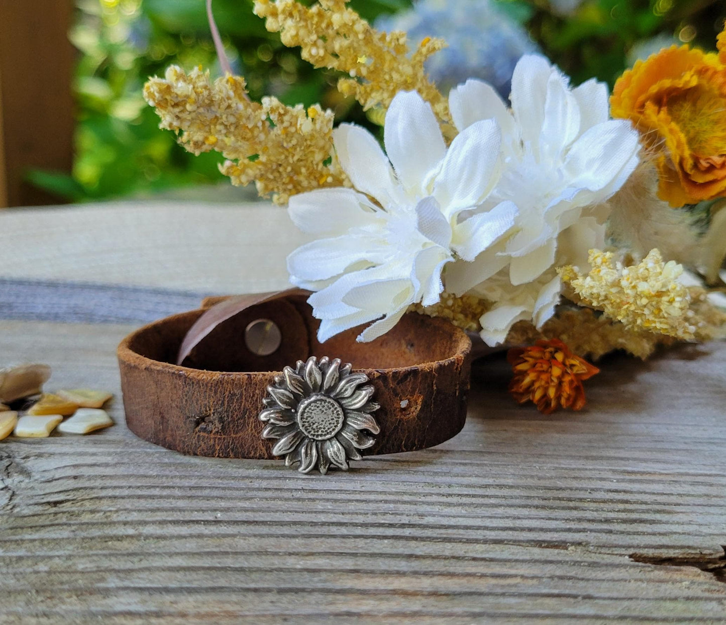 Sterling Silver Sunflower Leather Bracelet - handmade, hand crafted, weathered brown leather, simple, durable, rugged, beautiful gift