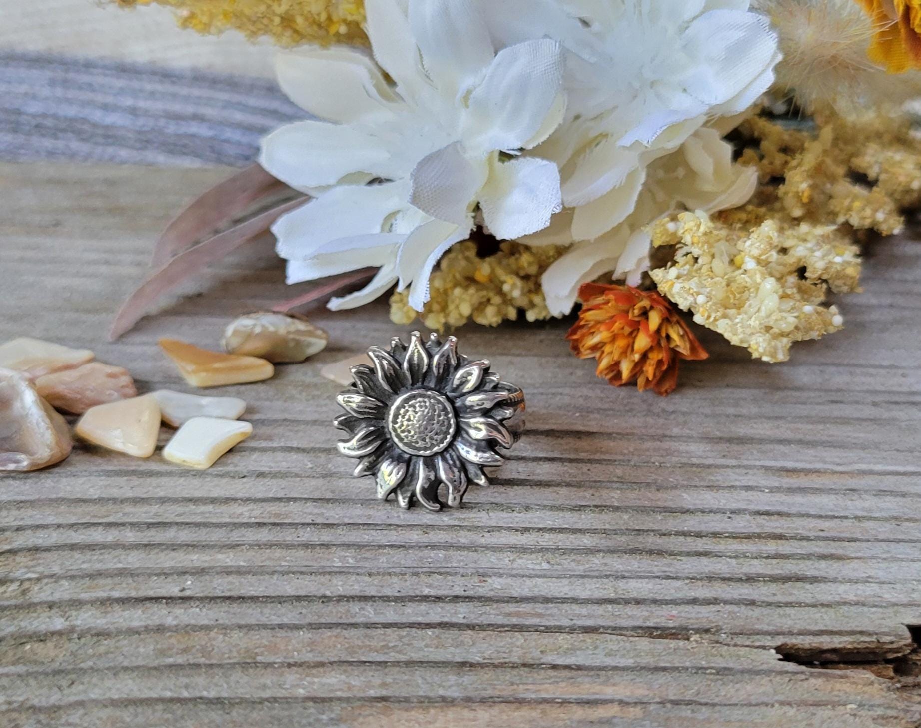 Sterling Silver Sunflower Cast Ring - handmade, hand crafted, beautiful gift, Size 6.75 USA