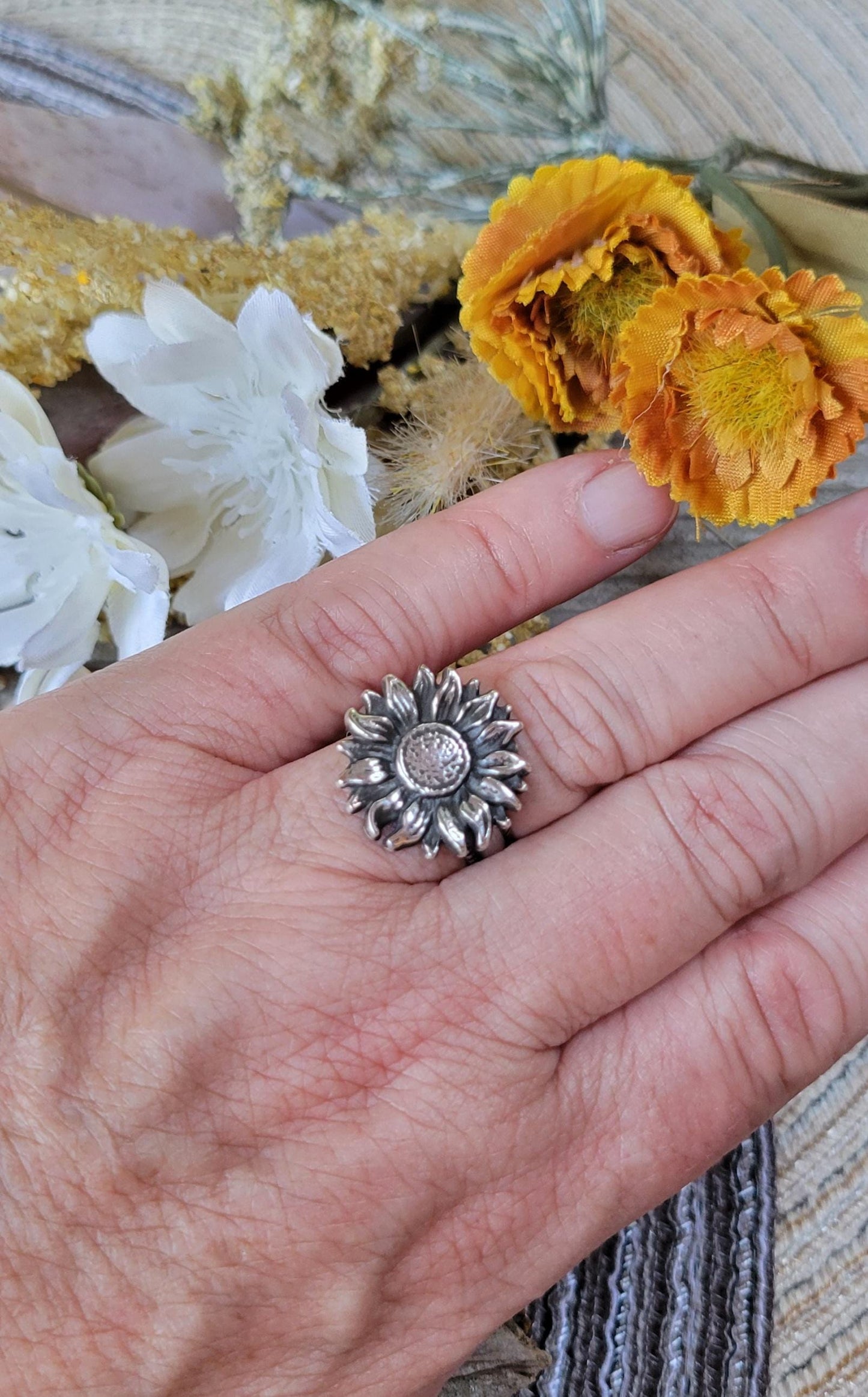 Sterling Silver Sunflower Cast Ring - handmade, hand crafted, beautiful gift, Size 6.75 USA