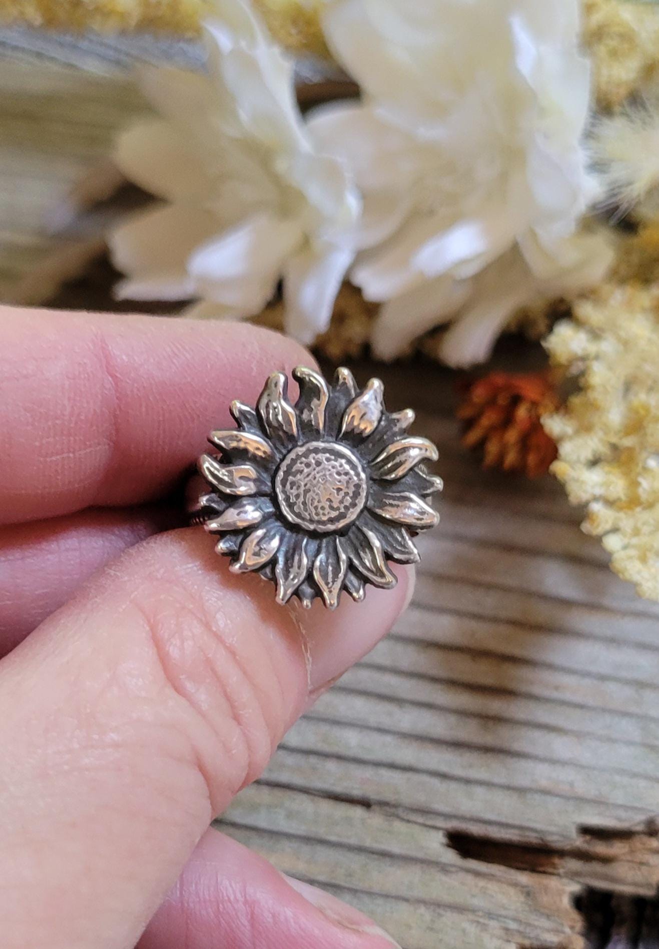 Sterling Silver Sunflower Cast Ring - handmade, hand crafted, beautiful gift, Size 6.75 USA
