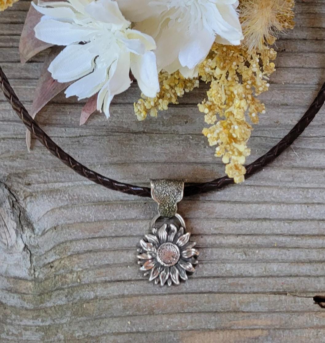 Sterling Silver Sunflower Necklace - sterling silver cast sunflower, hand crafted bail, brown leather, handmade, adjustable, beautiful gift