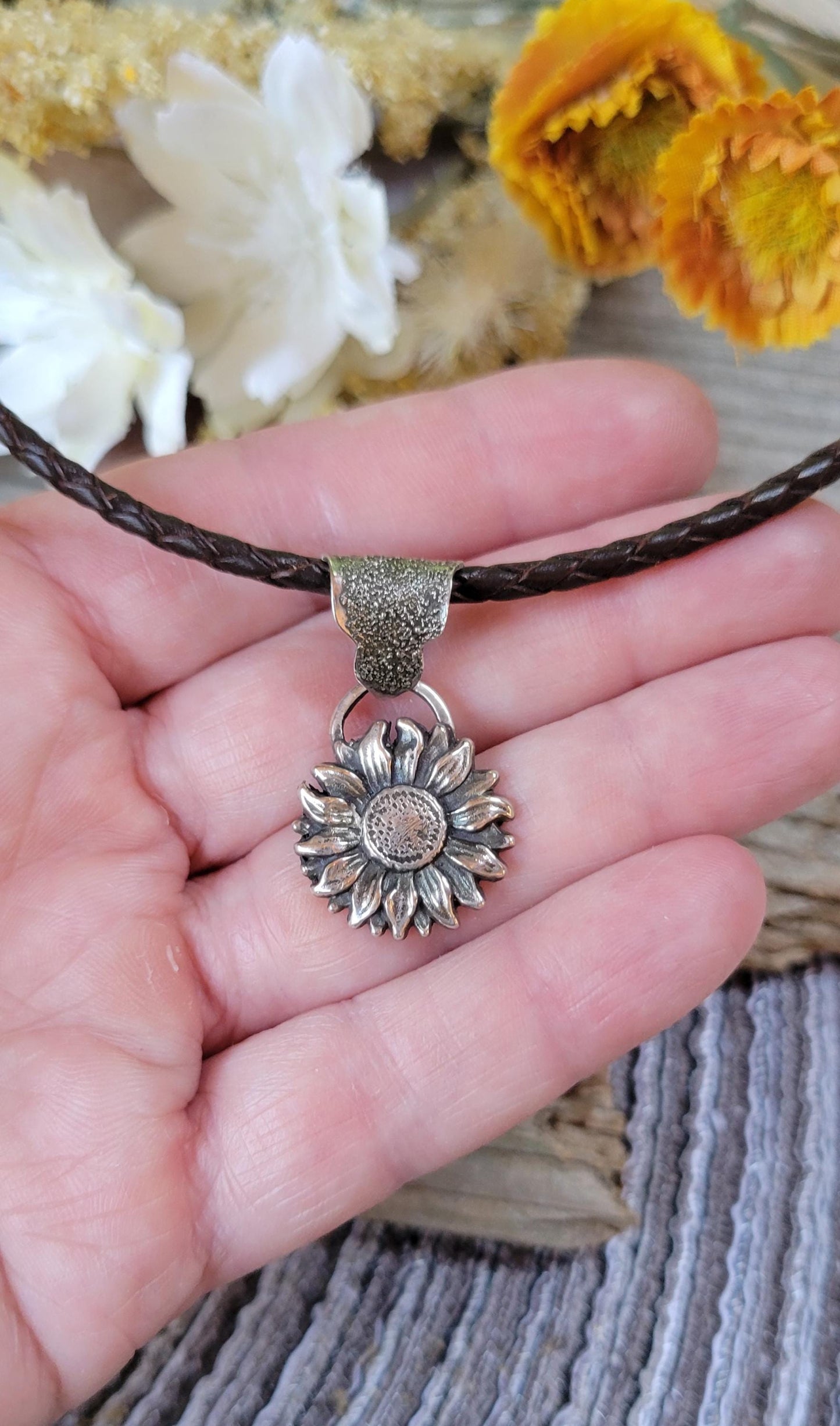 Sterling Silver Sunflower Necklace - sterling silver cast sunflower, hand crafted bail, brown leather, handmade, adjustable, beautiful gift