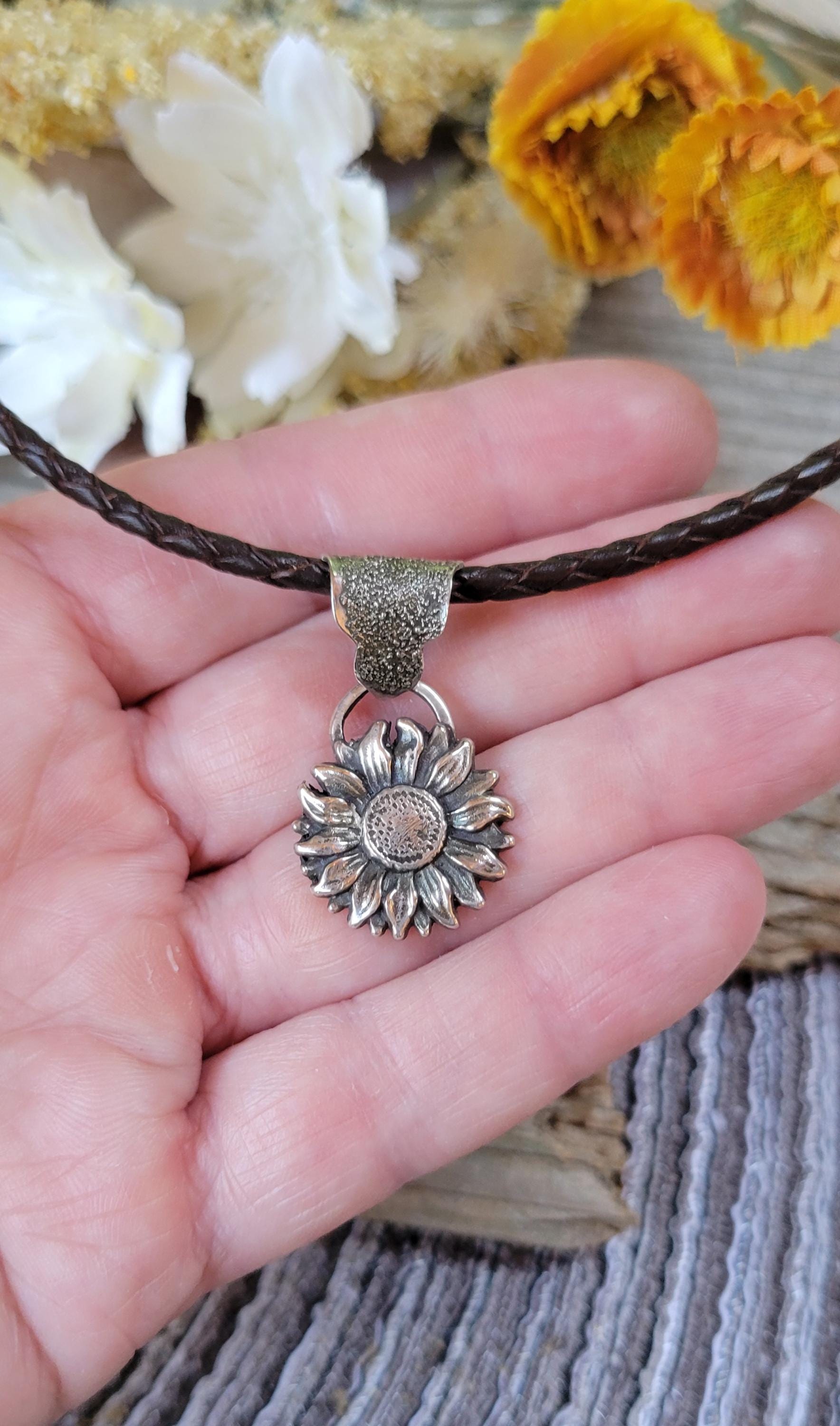 Sterling Silver Sunflower Necklace - sterling silver cast sunflower, hand crafted bail, brown leather, handmade, adjustable, beautiful gift