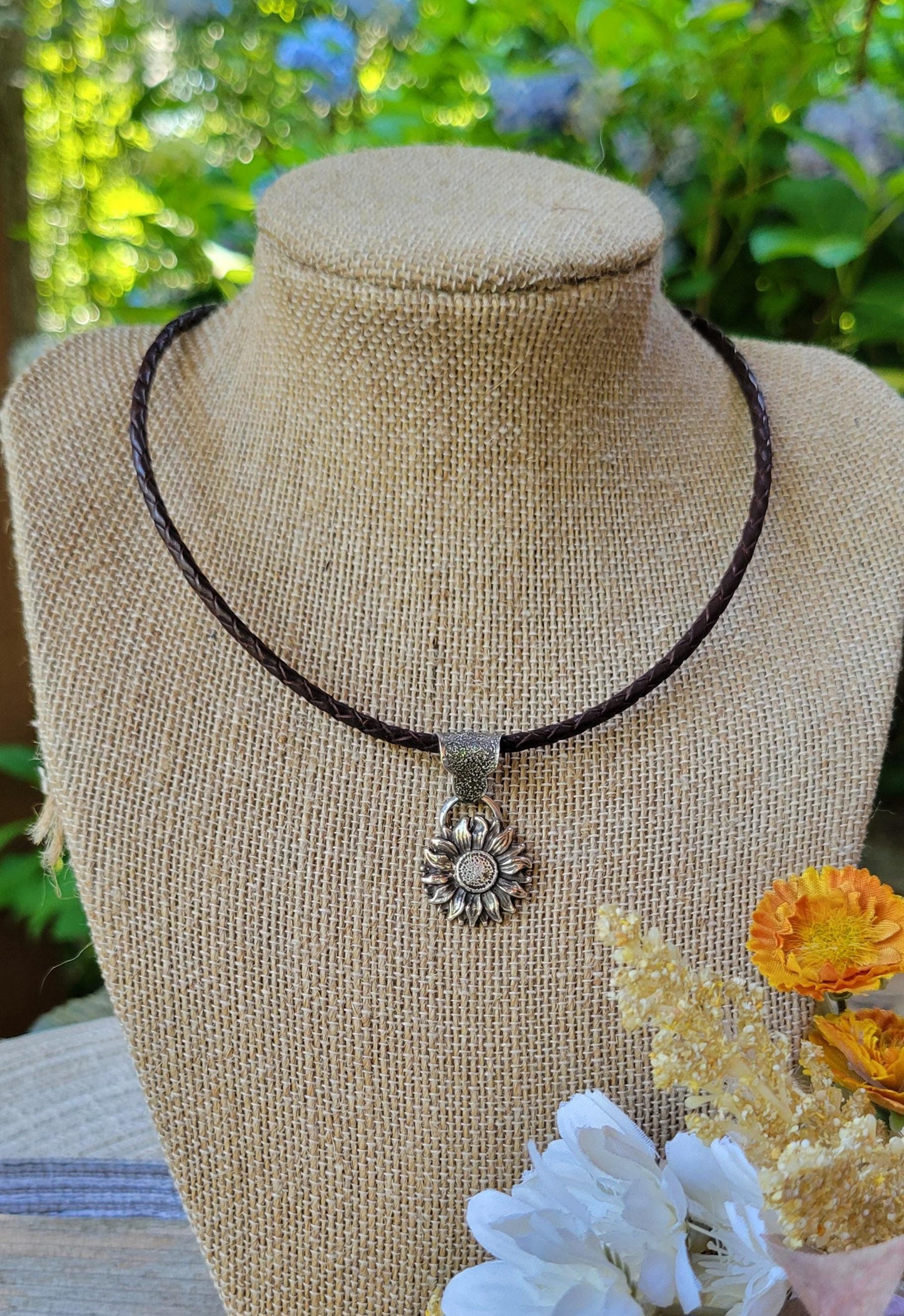 Sterling Silver Sunflower Necklace - sterling silver cast sunflower, hand crafted bail, brown leather, handmade, adjustable, beautiful gift