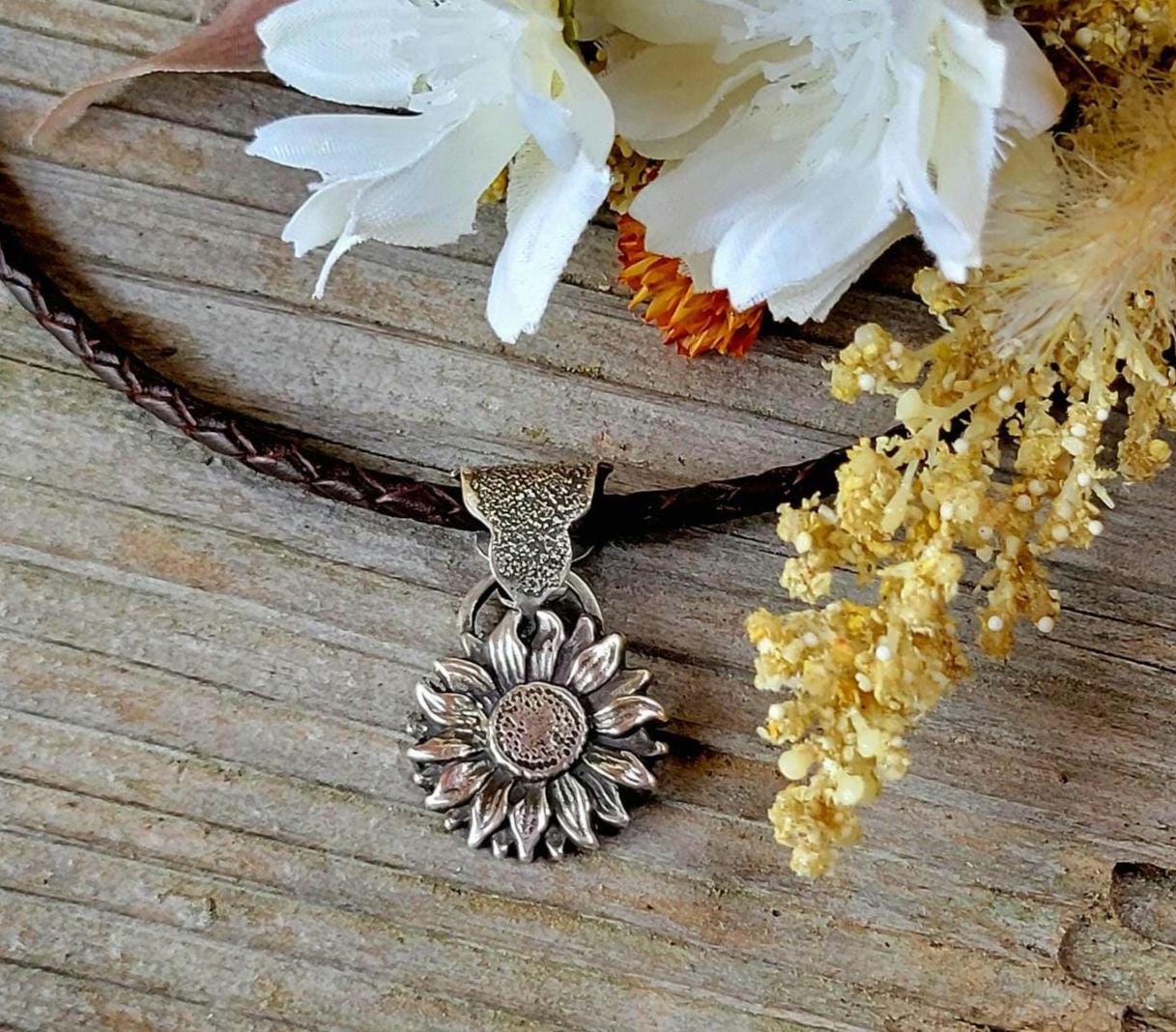 Sterling Silver Sunflower Necklace - sterling silver cast sunflower, hand crafted bail, brown leather, handmade, adjustable, beautiful gift