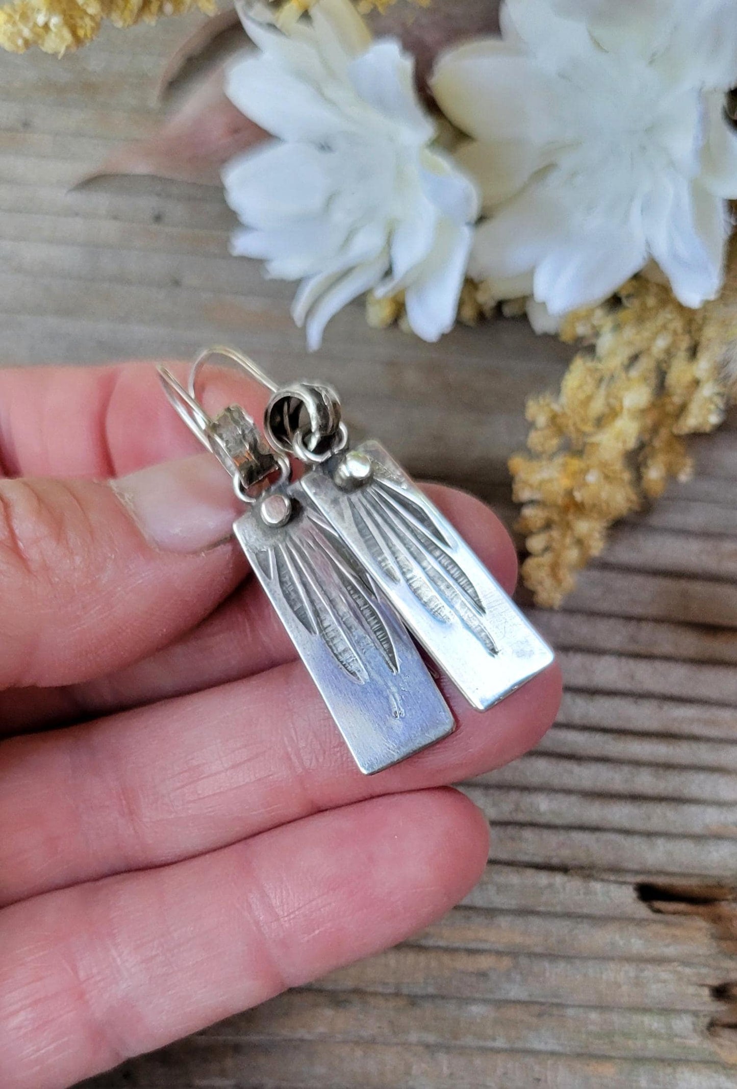 Silver Feather Stamped Earrings - sterling silver, handmade, hand crafted, silver dangles, leaf, palm, extremely lightweight, beautiful gift