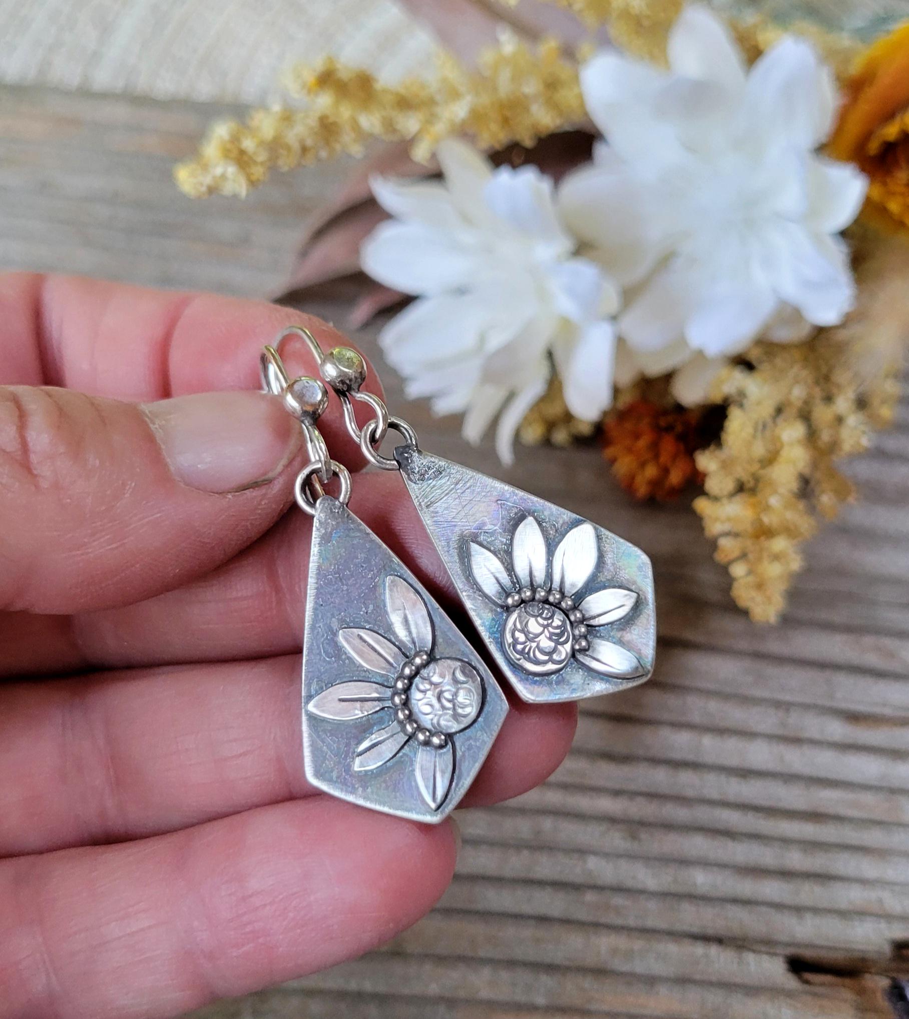 Silver Sunflower Earrings - sterling silver, handmade, hand crafted, kite, botanical, flower, silver dangles, lightweight, beautiful gift