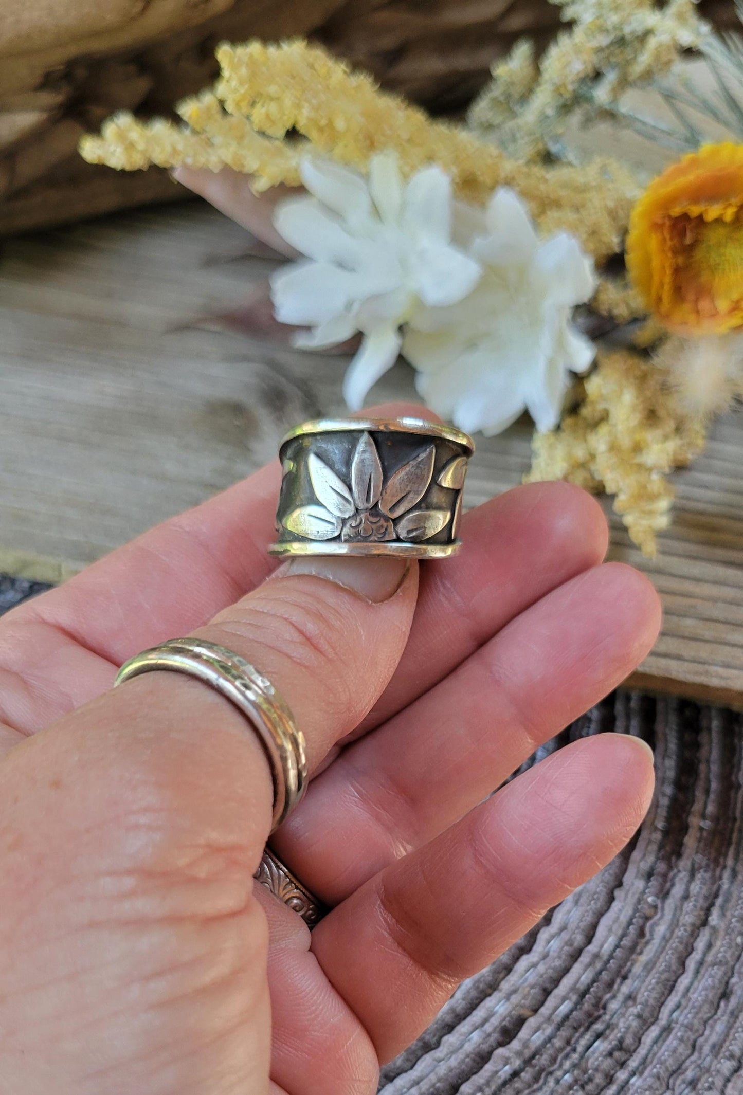 Sterling Silver Sunflower Wrap Ring - handmade, hand crafted, 100% fabricated by hand, unique statement ring, beautiful gift, Size 8.25 USA