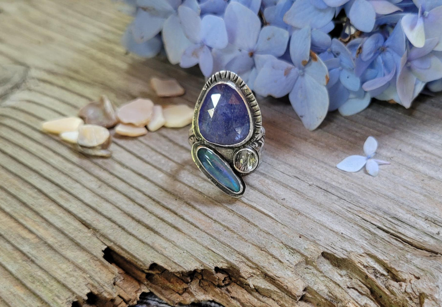 Tanzanite and Idaho Spencer Opal Sterling Silver Ring - blue, lavender, perwinkle, high grade Tanzanite, quartz, handmade, beautiful gift
