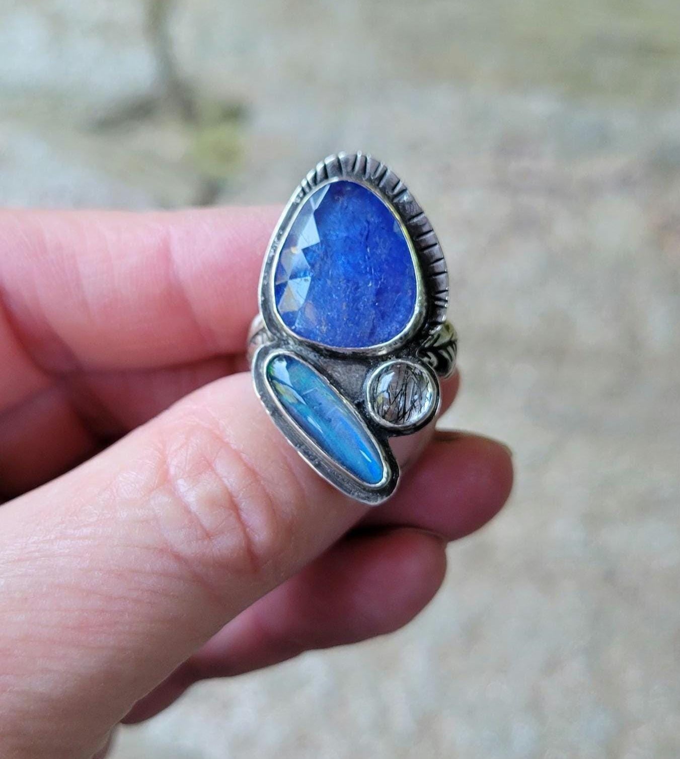 Tanzanite and Idaho Spencer Opal Sterling Silver Ring - blue, lavender, perwinkle, high grade Tanzanite, quartz, handmade, beautiful gift