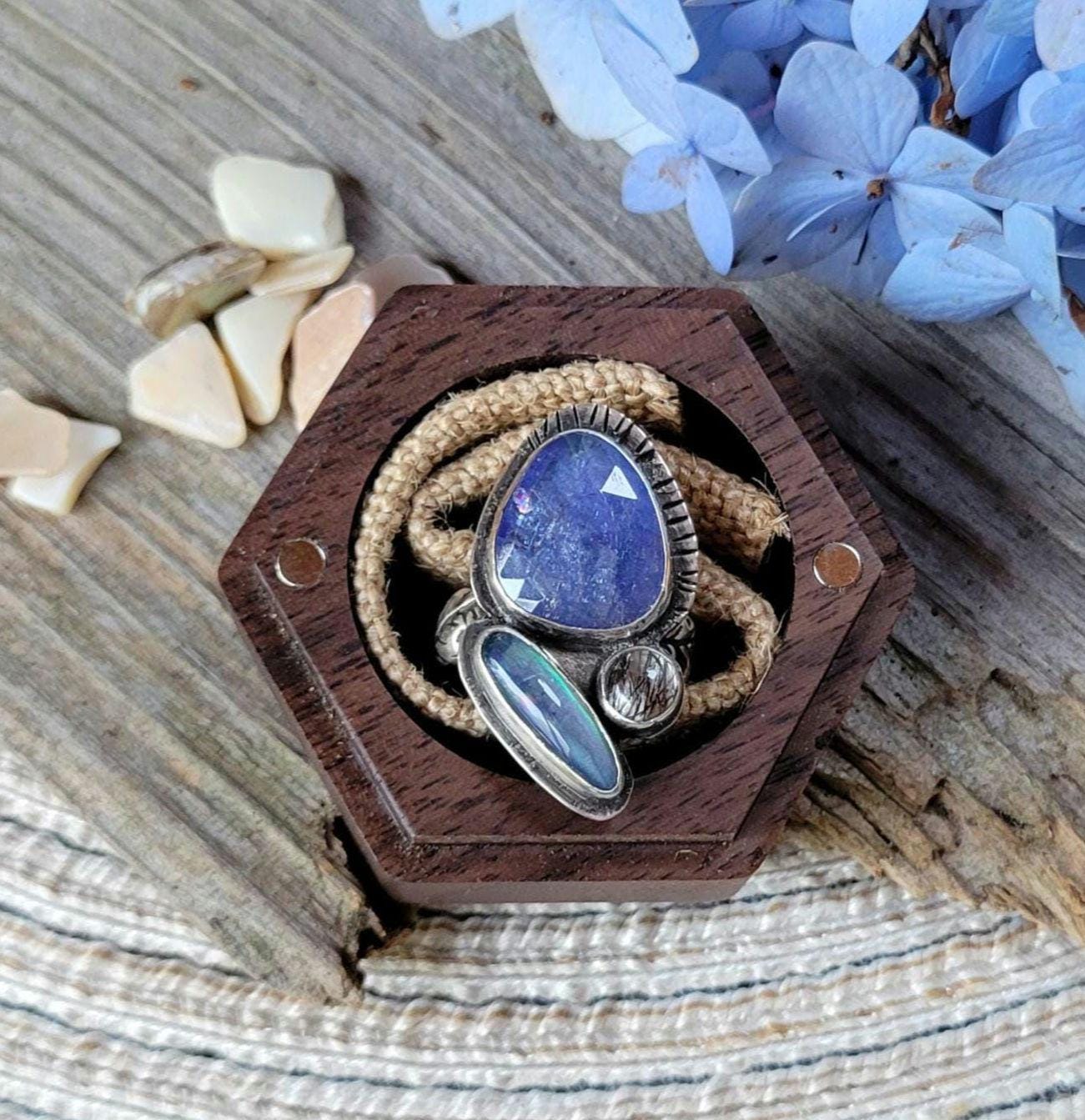 Tanzanite and Idaho Spencer Opal Sterling Silver Ring - blue, lavender, perwinkle, high grade Tanzanite, quartz, handmade, beautiful gift