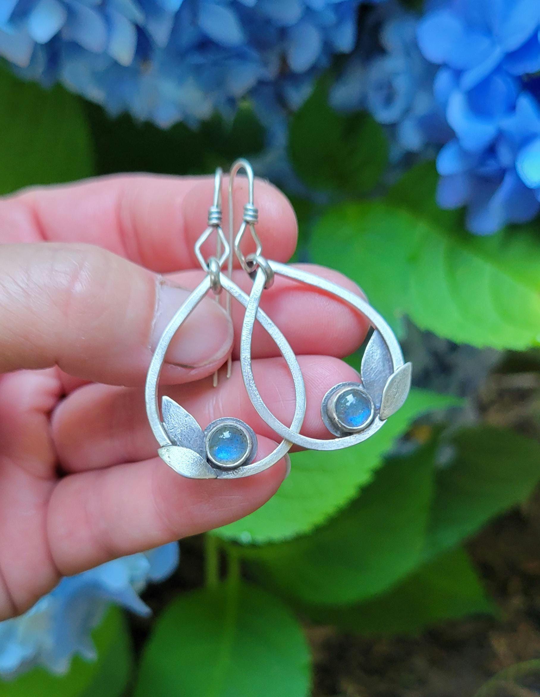 Labradorite Sterling Silver Leaf Earrings - handmade, hand crafted, teardrop, leaf, leaves, natural gemstone, lightweight, beautiful gift