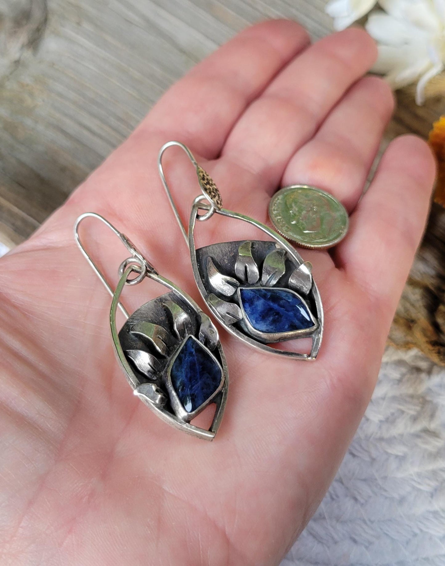 Lapis Lazuli Sterling Silver Sunflower Earrings - handmade, hand crafted, blue, navy blue, petals, sun, natural gemstone, beautiful gift