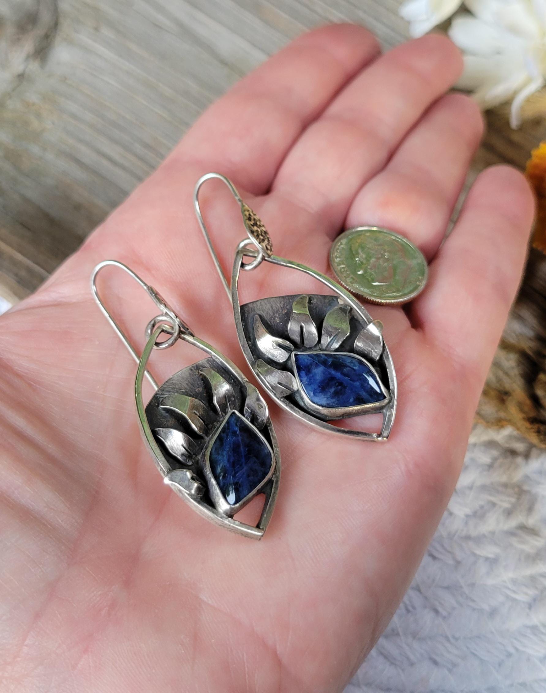 Lapis Lazuli Sterling Silver Sunflower Earrings - handmade, hand crafted, blue, navy blue, petals, sun, natural gemstone, beautiful gift