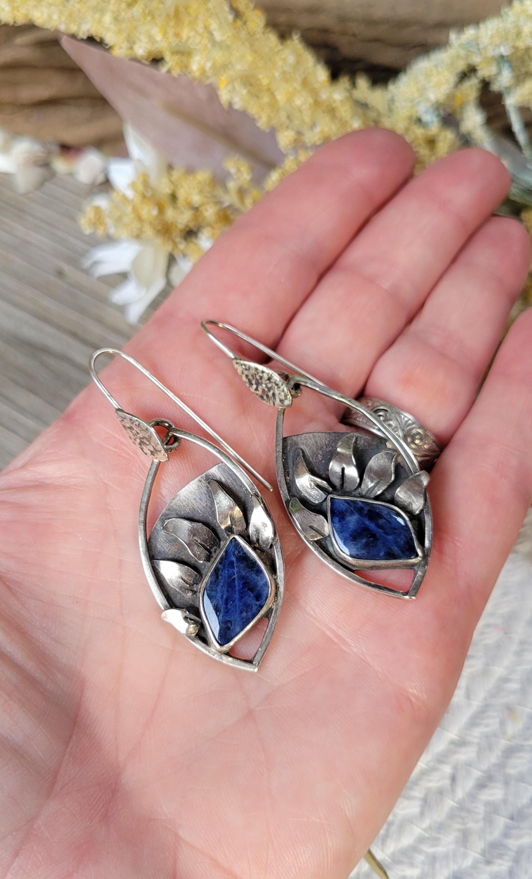 Lapis Lazuli Sterling Silver Sunflower Earrings - handmade, hand crafted, blue, navy blue, petals, sun, natural gemstone, beautiful gift