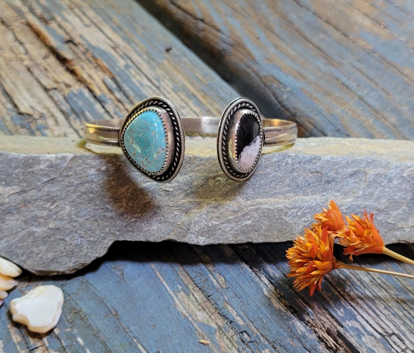 White Buffalo Golden Hills Turquoise Cuff - sterling silver, hand crafted, open cuff, bracelet, bangle, blue, black white, beautiful gift