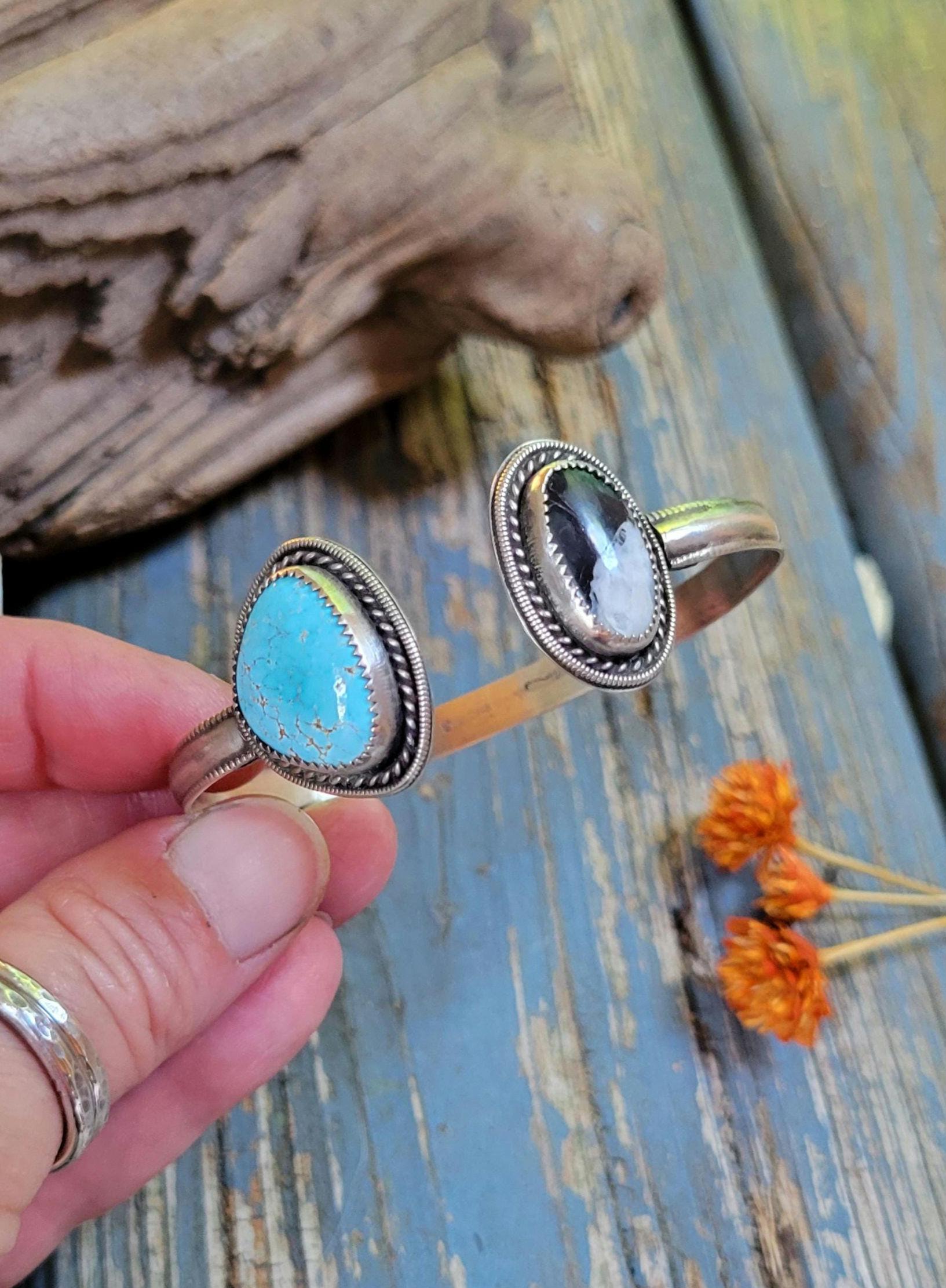 White Buffalo Golden Hills Turquoise Cuff - sterling silver, hand crafted, open cuff, bracelet, bangle, blue, black white, beautiful gift