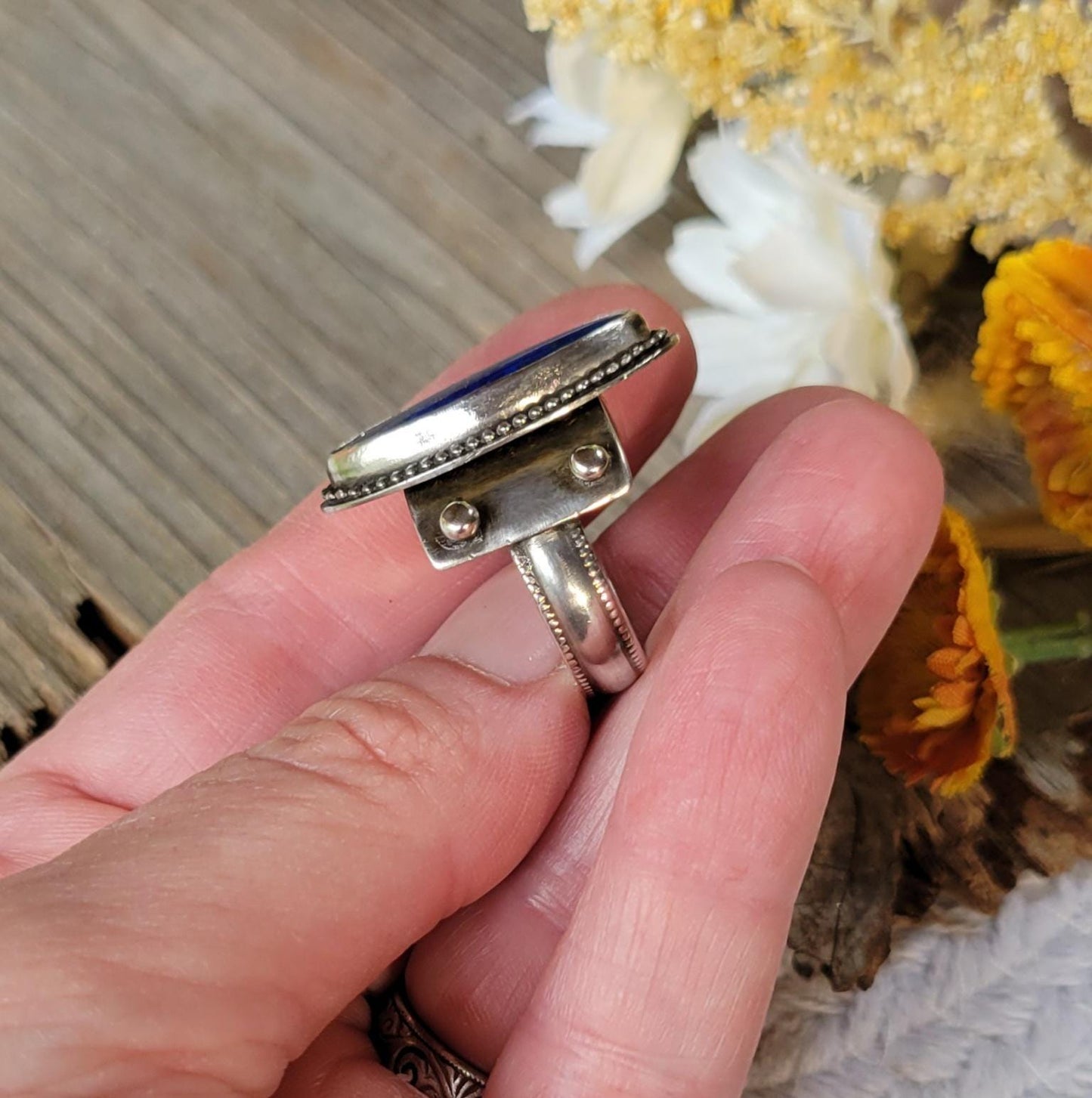 Lapis Lazuli Sterling Silver Ring - handmade, hand crafted, blue, navy blue, oval, natural gemstone, shield, beautiful gift, Size 8 USA