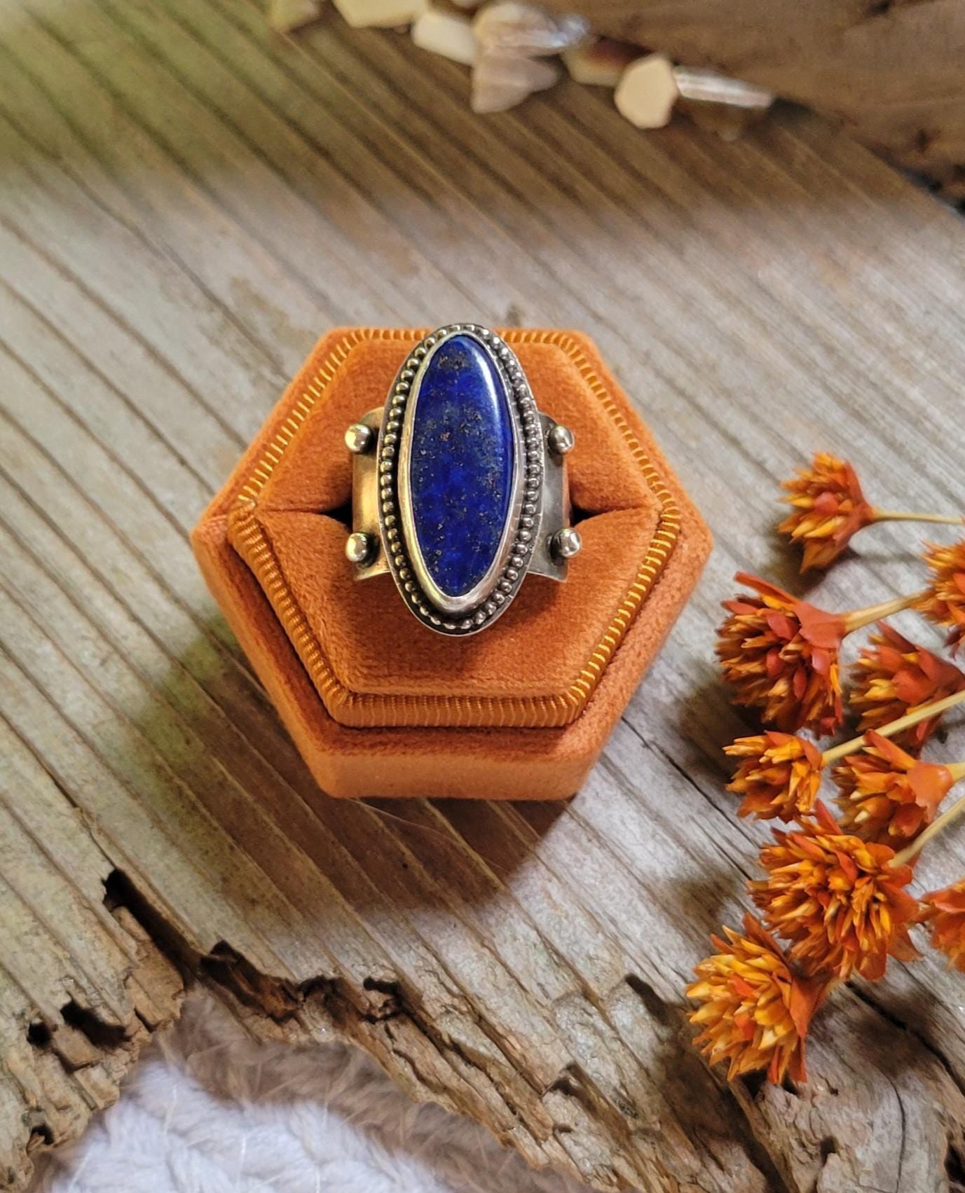 Lapis Lazuli Sterling Silver Ring - handmade, hand crafted, blue, navy blue, oval, natural gemstone, shield, beautiful gift, Size 8 USA
