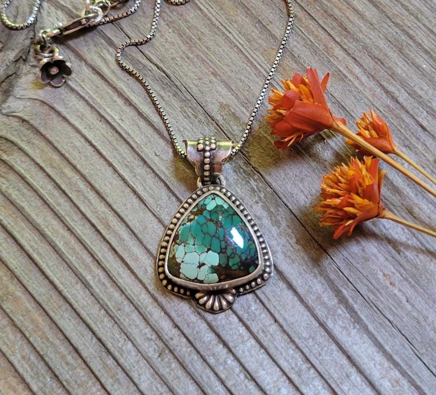 Green Turquoise Pendant in Sterling Silver Necklace - handmade, Polychrome Trillion Qingu, natural stone, flower, dainty, beautiful gift