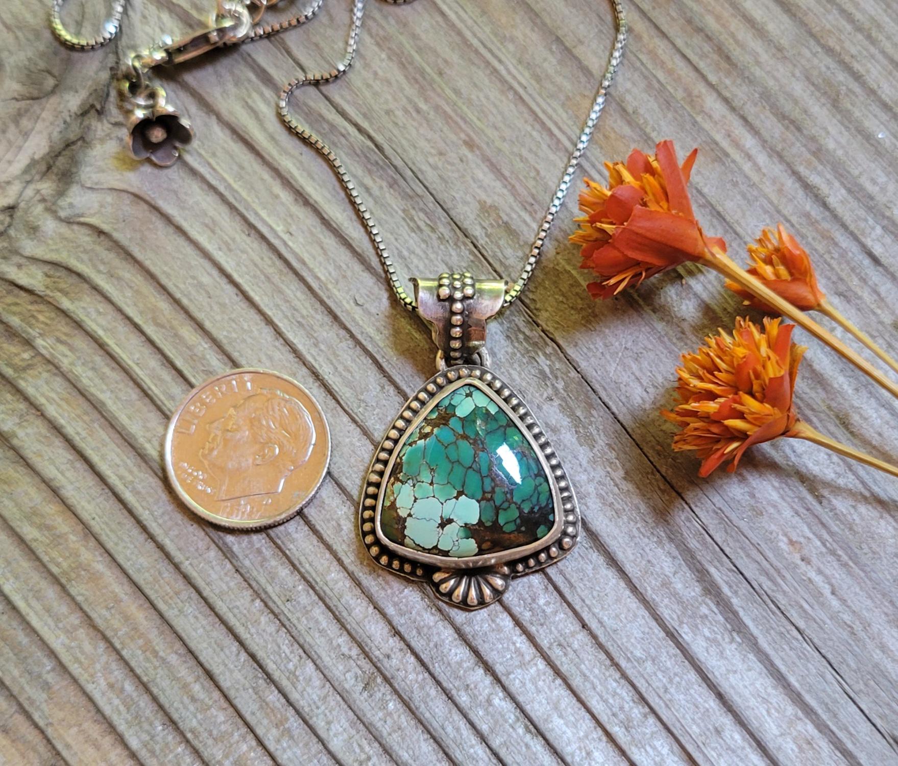 Green Turquoise Pendant in Sterling Silver Necklace - handmade, Polychrome Trillion Qingu, natural stone, flower, dainty, beautiful gift
