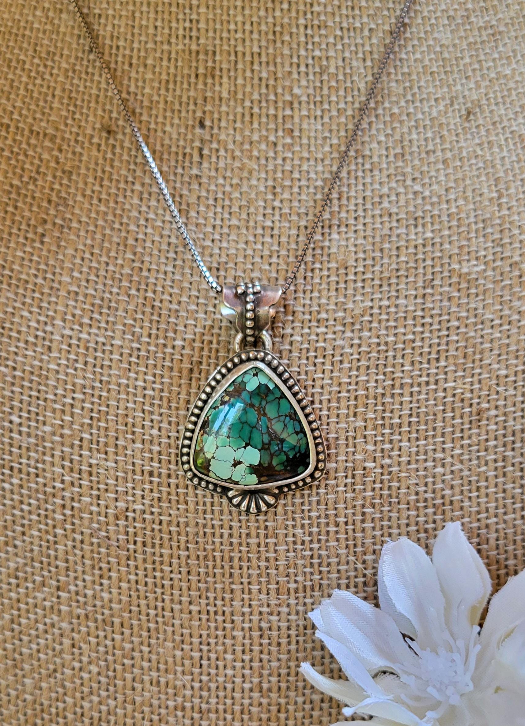 Green Turquoise Pendant in Sterling Silver Necklace - handmade, Polychrome Trillion Qingu, natural stone, flower, dainty, beautiful gift