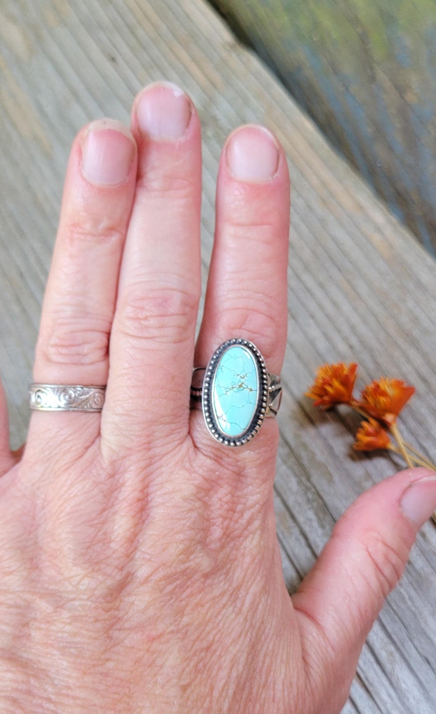 Turquoise Ring - sterling silver, blue, Golden Hills, handmade, 100% fabricated by hand, vine ring shank, leaves, beautiful gift, Size 7 USA