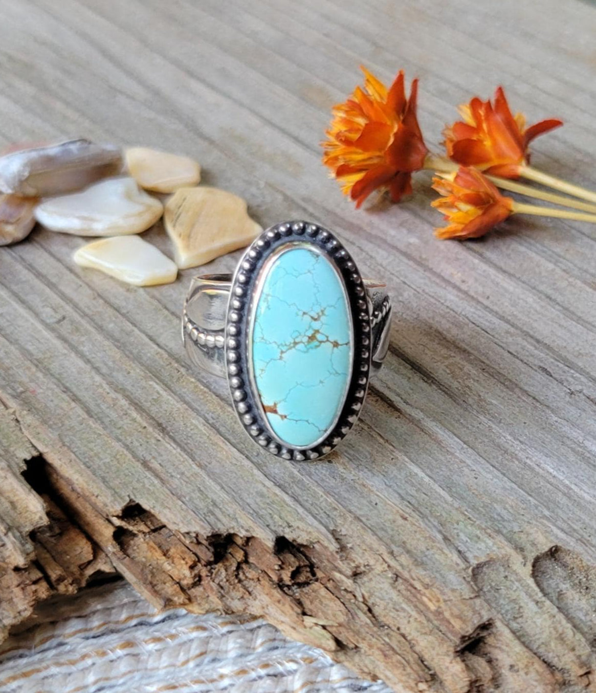 Turquoise Ring - sterling silver, blue, Golden Hills, handmade, 100% fabricated by hand, vine ring shank, leaves, beautiful gift, Size 7 USA