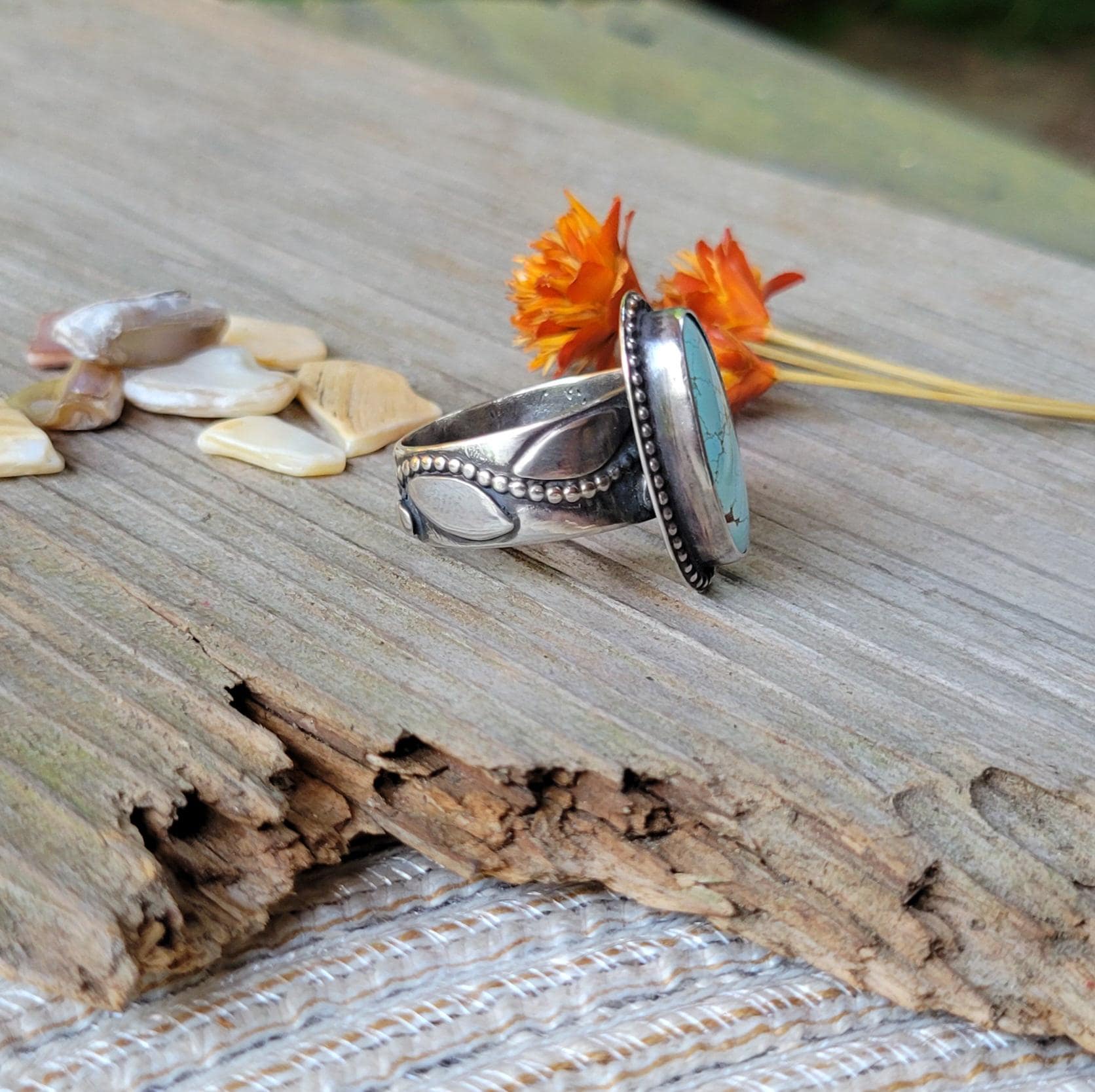 Turquoise Ring - sterling silver, blue, Golden Hills, handmade, 100% fabricated by hand, vine ring shank, leaves, beautiful gift, Size 7 USA