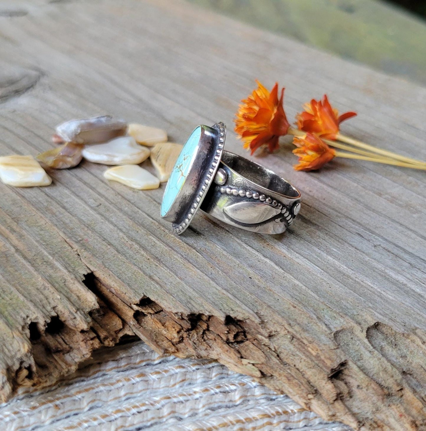 Turquoise Ring - sterling silver, blue, Golden Hills, handmade, 100% fabricated by hand, vine ring shank, leaves, beautiful gift, Size 7 USA