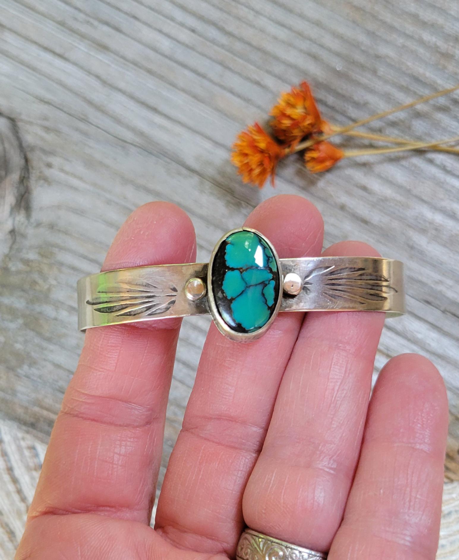 Green Hubei Turquoise Sterling Silver Cuff - handcrafted, handmade, green Hubei Turquoise, ethically sourced, stamped cuff, beautiful gift