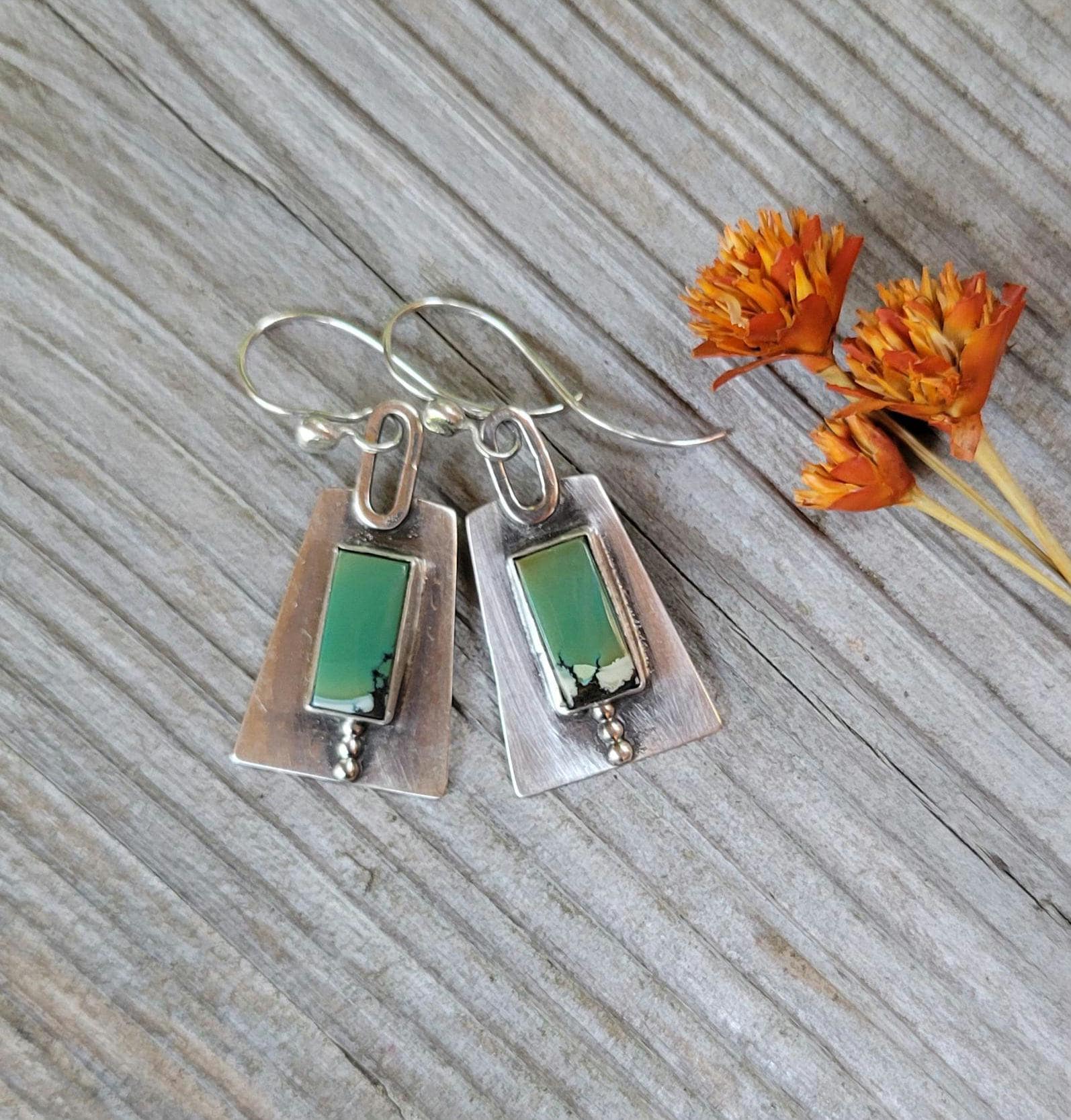 Silver Ridgeline Dangle Earrings - handmade, hand crafted, modern, edgy, dotted,green hubei snowflake turquoise, lightweight, beautiful gift