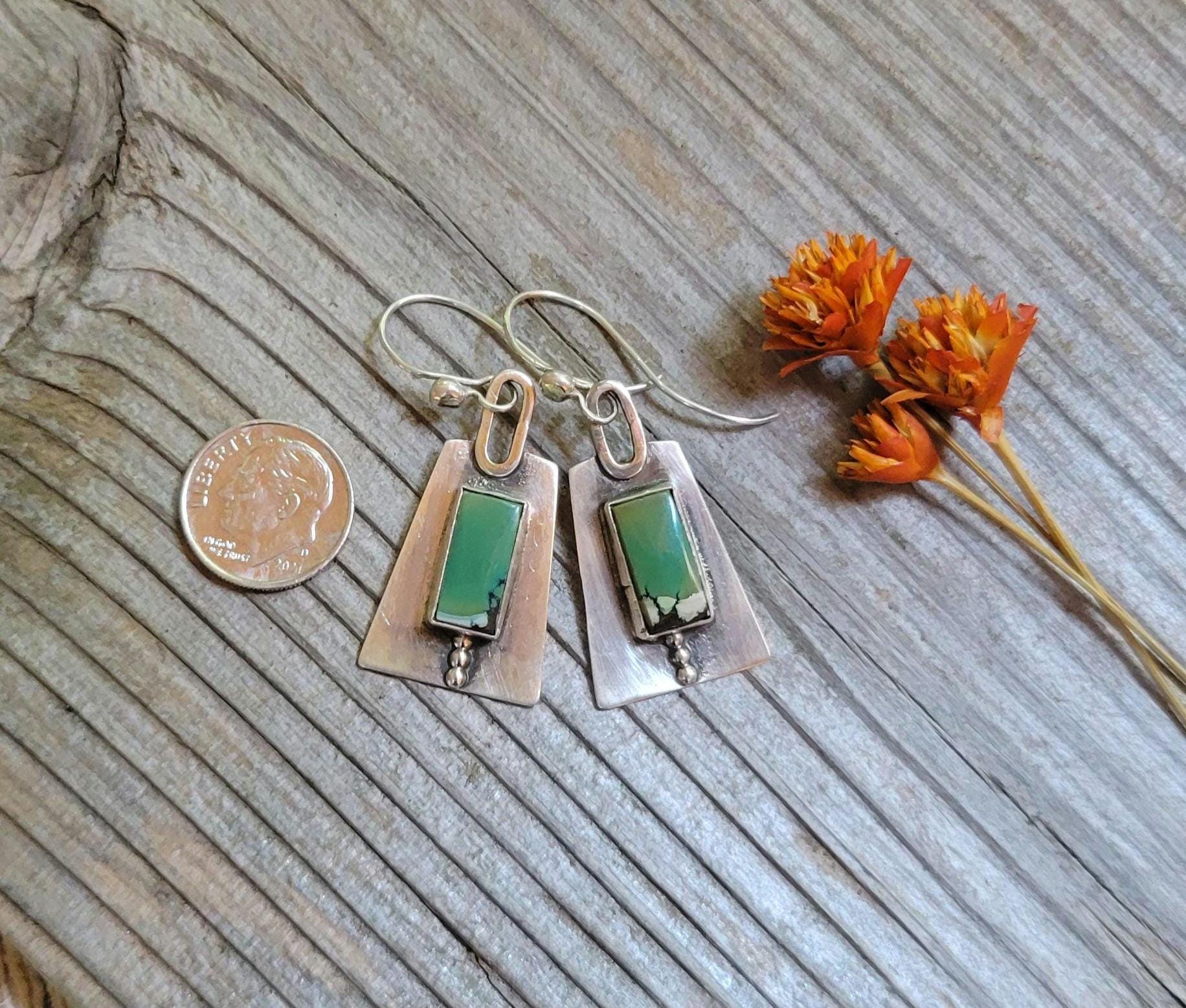 Silver Ridgeline Dangle Earrings - handmade, hand crafted, modern, edgy, dotted,green hubei snowflake turquoise, lightweight, beautiful gift