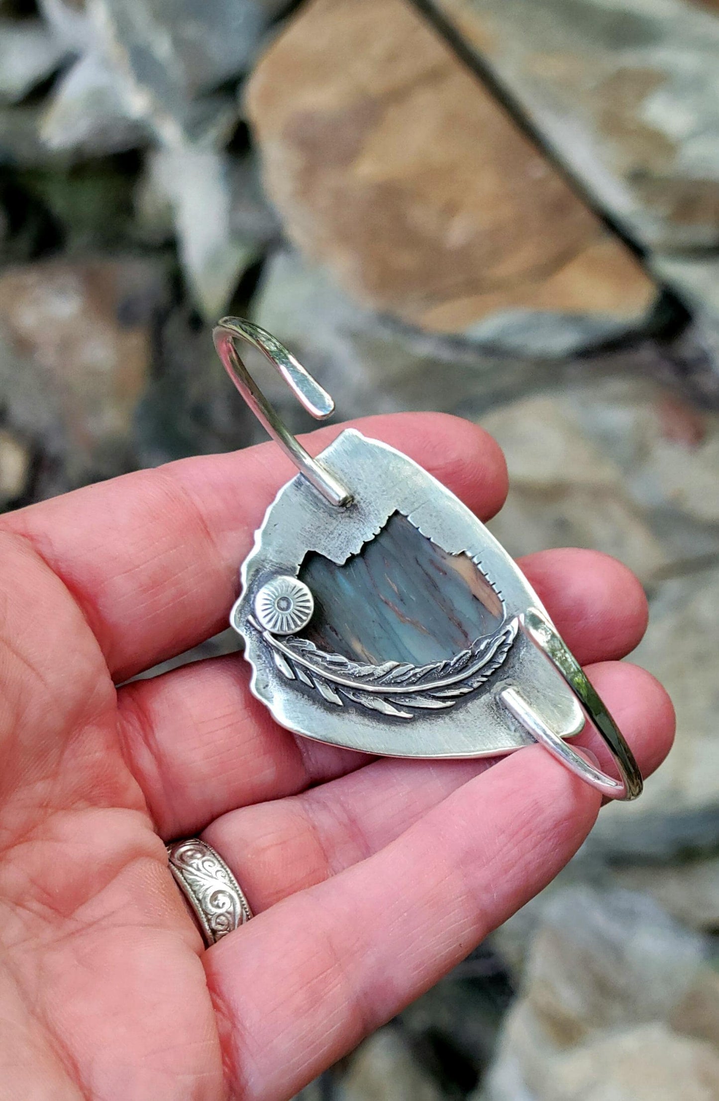 Jasper Cuff - Natural stone, blue, grey, sterling silver cuff, handmade, bracelet, landscape, southwestern, feather, sun
