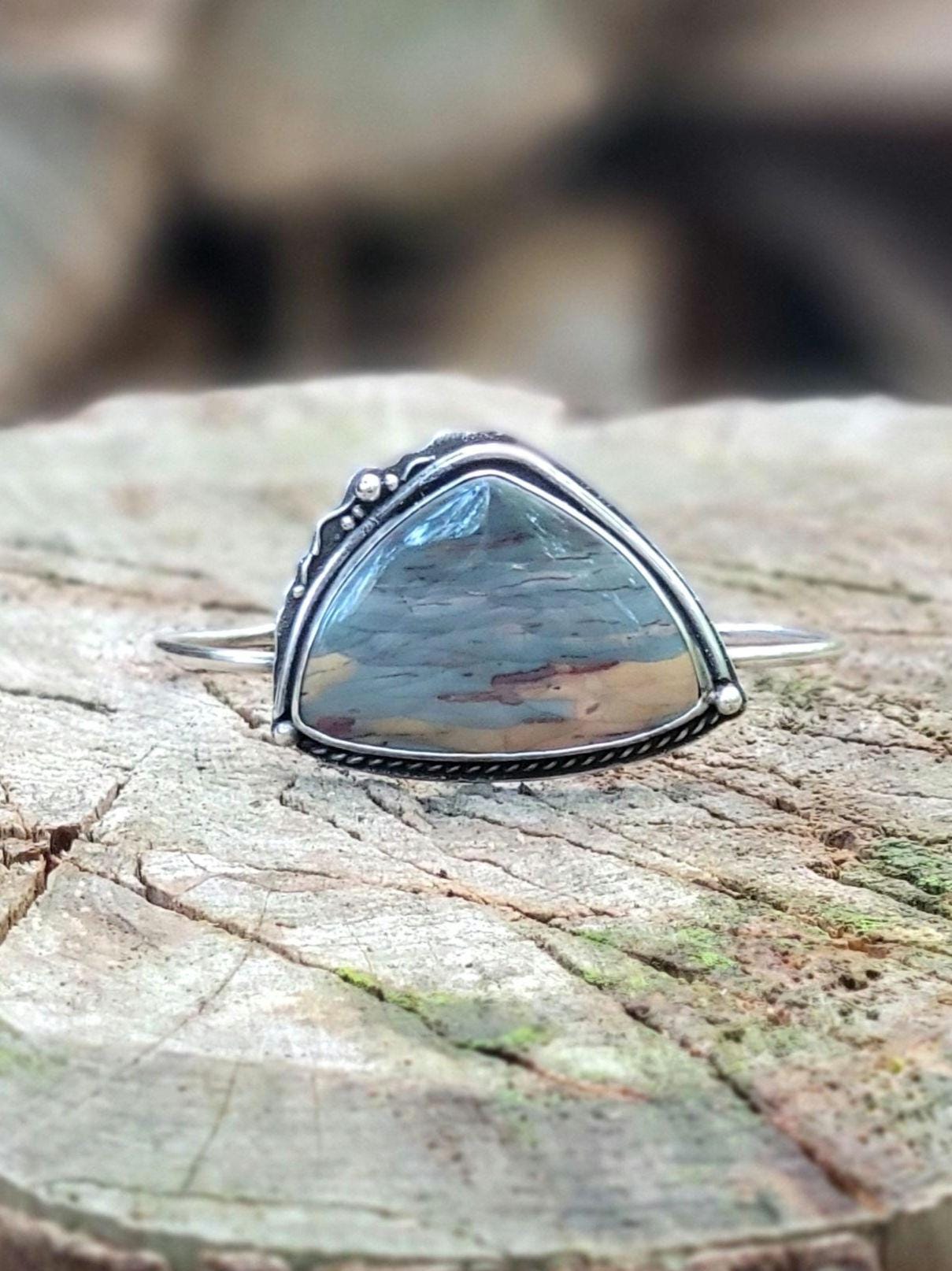 Jasper Cuff - Natural stone, blue, grey, sterling silver cuff, handmade, bracelet, landscape, southwestern, feather, sun
