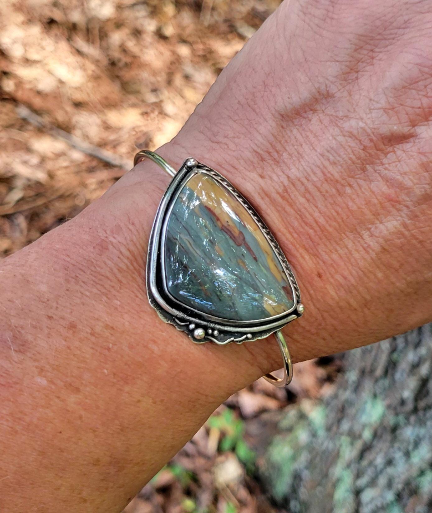Jasper Cuff - Natural stone, blue, grey, sterling silver cuff, handmade, bracelet, landscape, southwestern, feather, sun