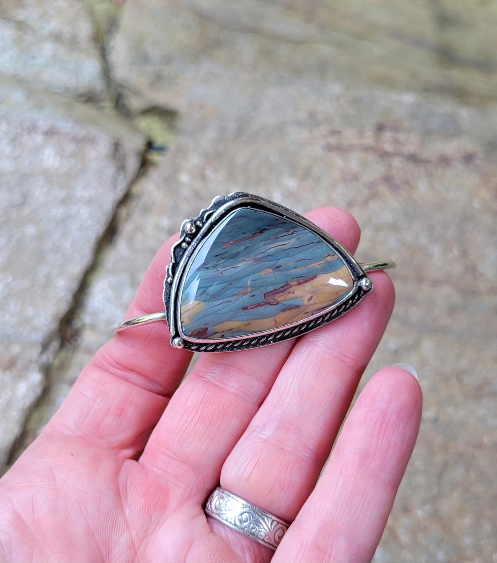 Jasper Cuff - Natural stone, blue, grey, sterling silver cuff, handmade, bracelet, landscape, southwestern, feather, sun