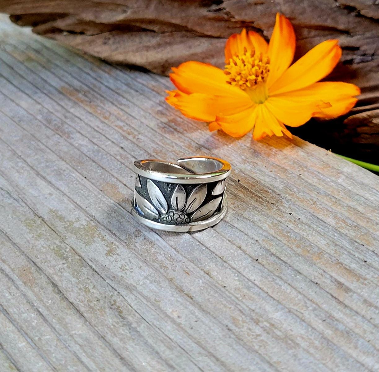 Sterling Silver Sunflower Wrap Ring - handmade, hand crafted, 100% fabricated by hand, unique statement ring, beautiful gift, Size 7.5 USA