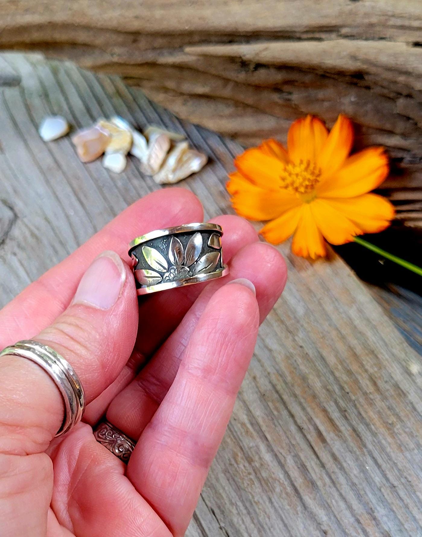 Sterling Silver Sunflower Wrap Ring - handmade, hand crafted, 100% fabricated by hand, unique statement ring, beautiful gift, Size 7.5 USA