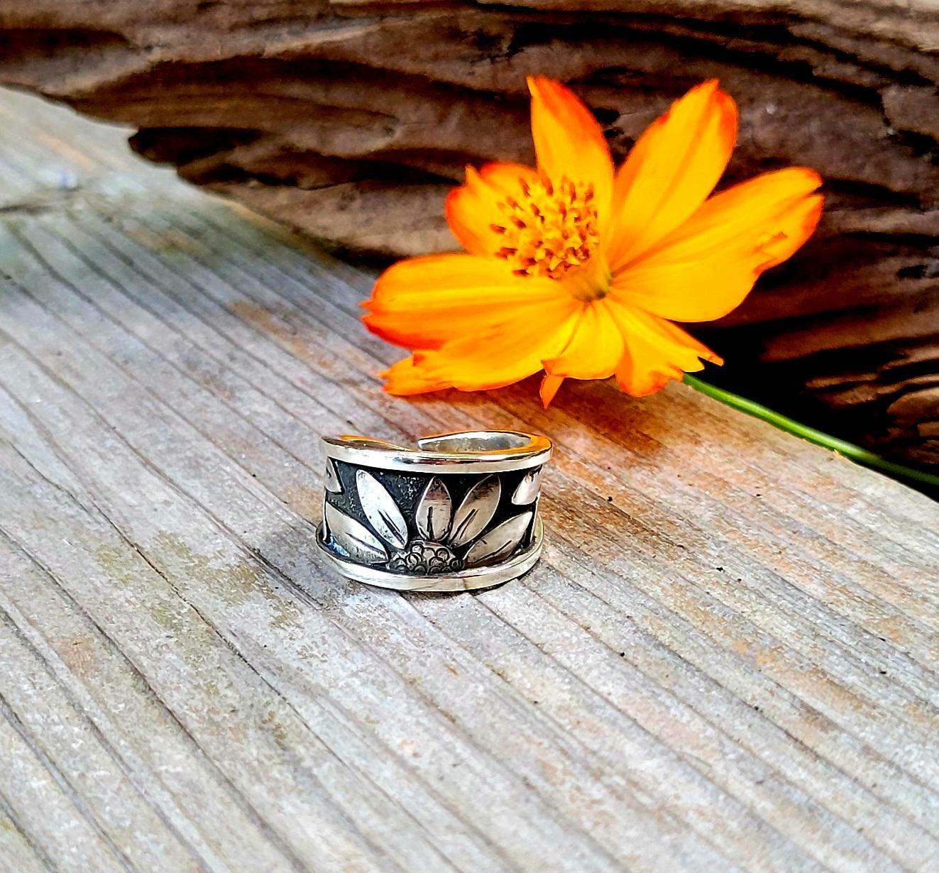 Sterling Silver Sunflower Wrap Ring - handmade, hand crafted, 100% fabricated by hand, unique statement ring, beautiful gift, Size 7.5 USA