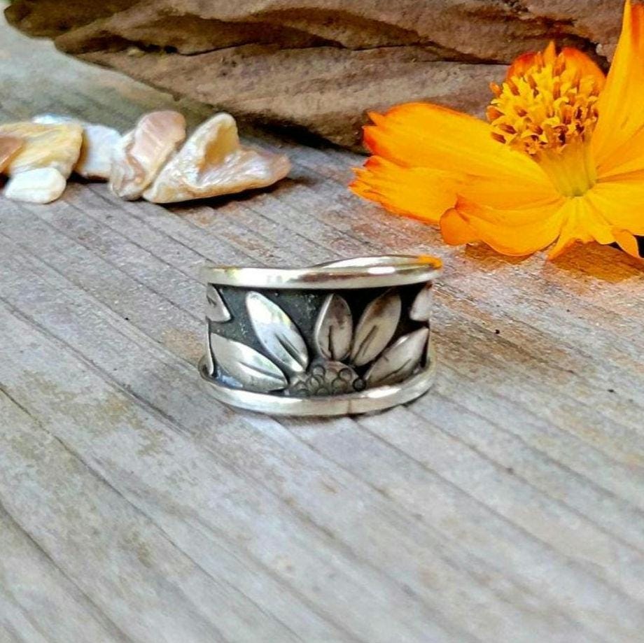 Sterling Silver Sunflower Wrap Ring - handmade, hand crafted, 100% fabricated by hand, unique statement ring, beautiful gift, Size 7.5 USA